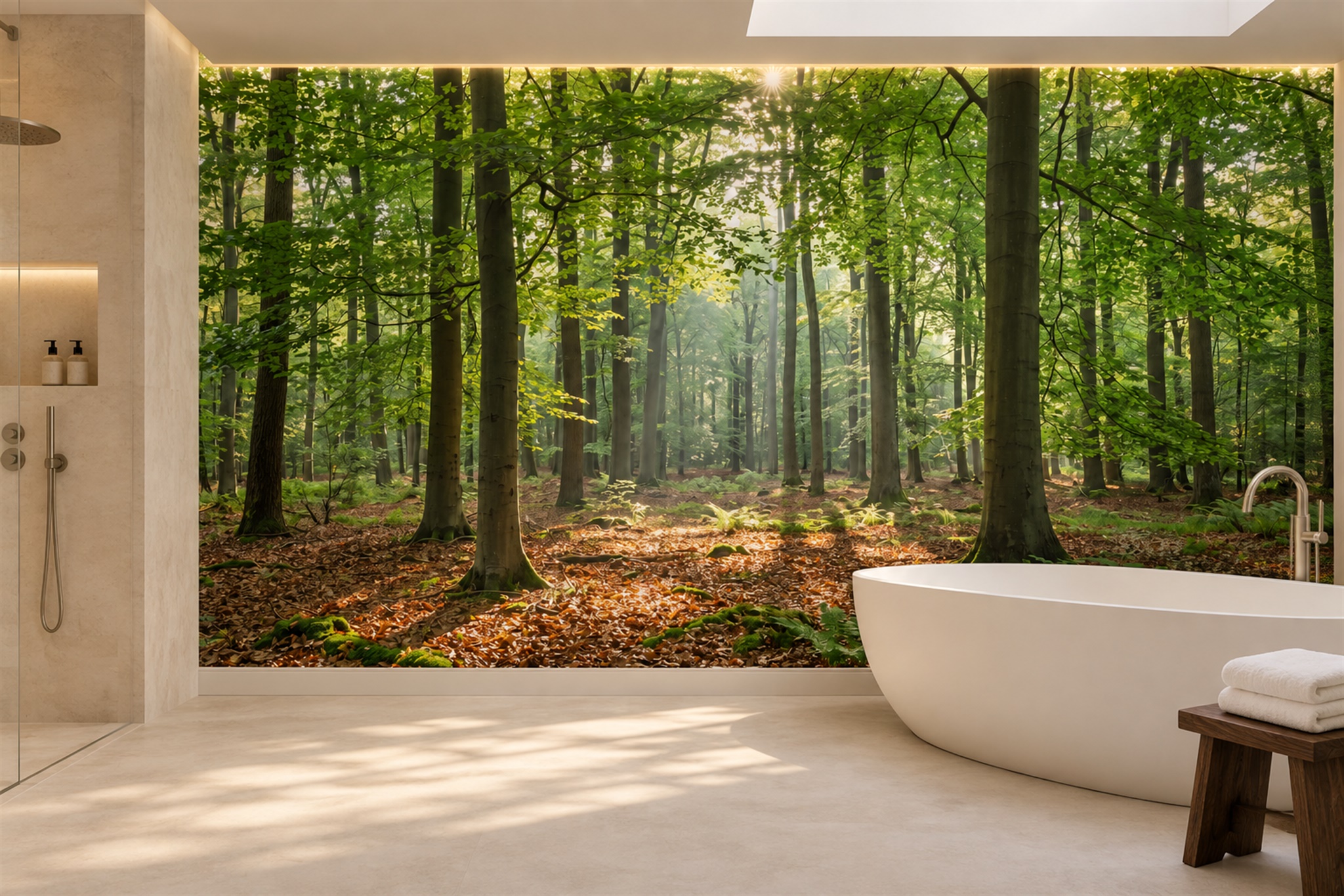 Green Forest Scenic Painterly Wallpaper Mural Bathroom-wallpaper-murals, Peel-and-stick Finish