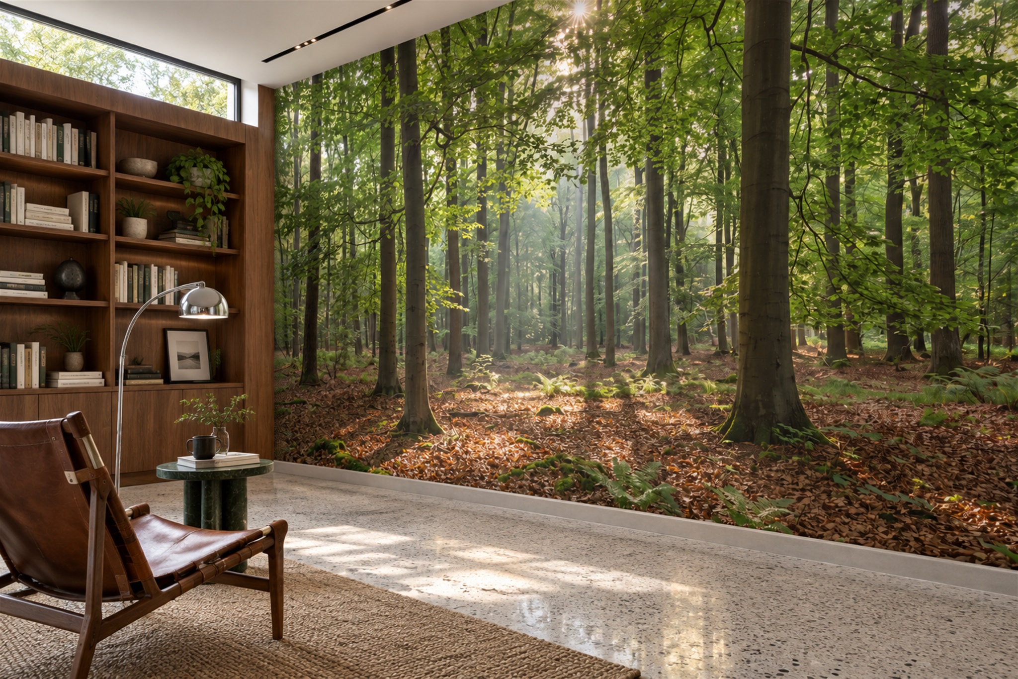 Green Forest Scenic Painterly Wallpaper Mural Home-office-wallpaper-murals, Shown In A Home Office, Peel-and-stick Finish