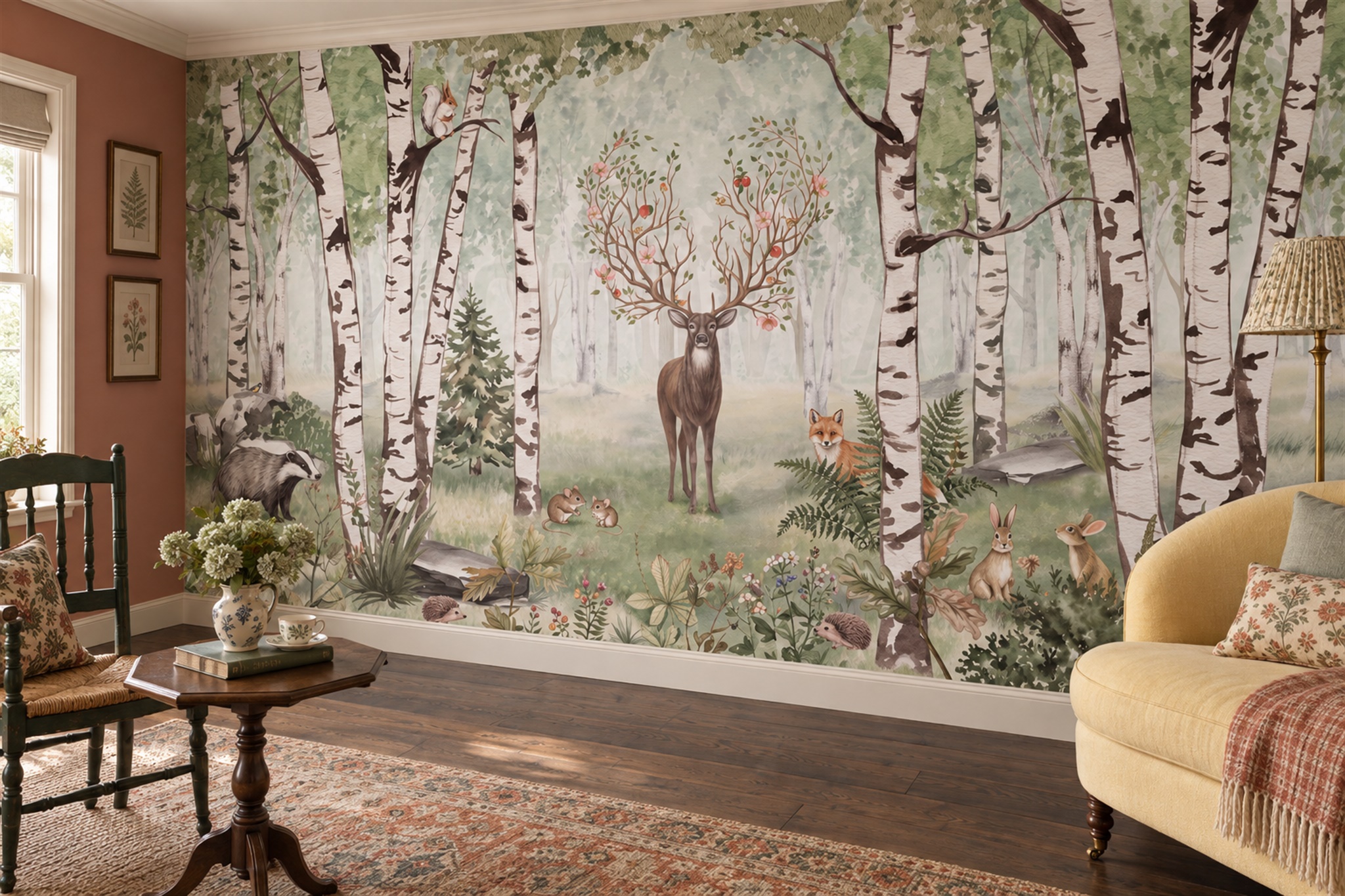 Sage Birch Forest Animals Wallpaper Mural — Wallpaper Mural Design, Peel-and-stick Finish
