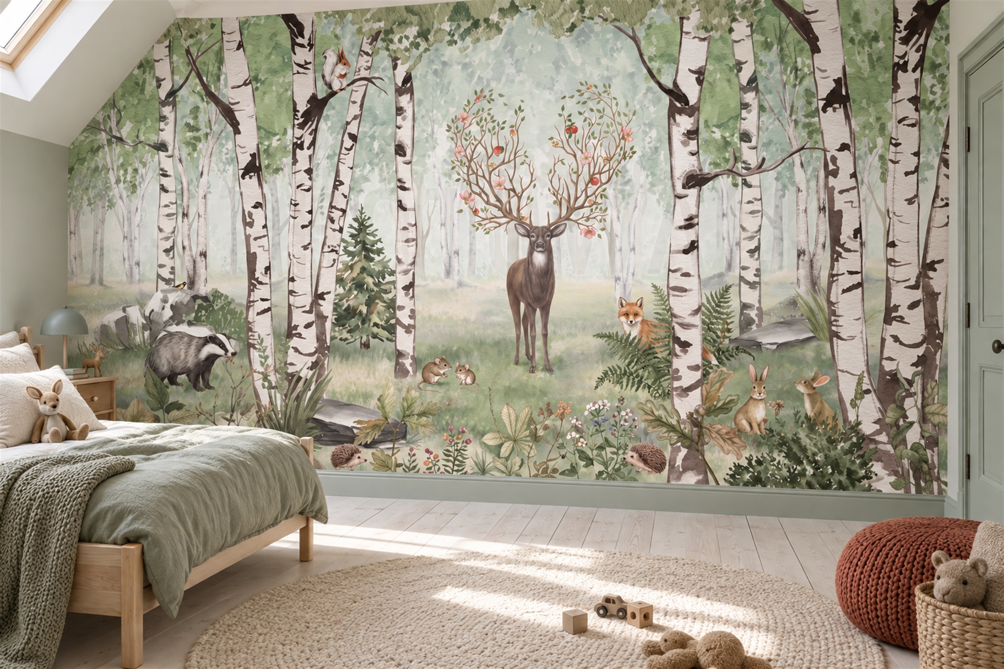 Sage Birch Scenic Wallpaper Mural Accent-wall-wallpaper-murals, Peel-and-stick Finish