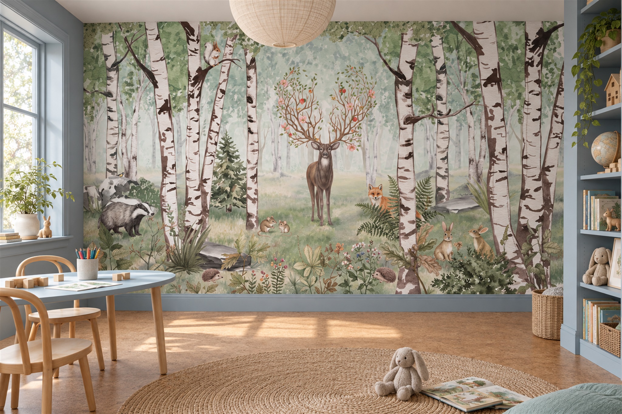 Sage Birch Scenic Wallpaper Mural Home-office-wallpaper-murals, Shown In A Home Office, Peel-and-stick Finish
