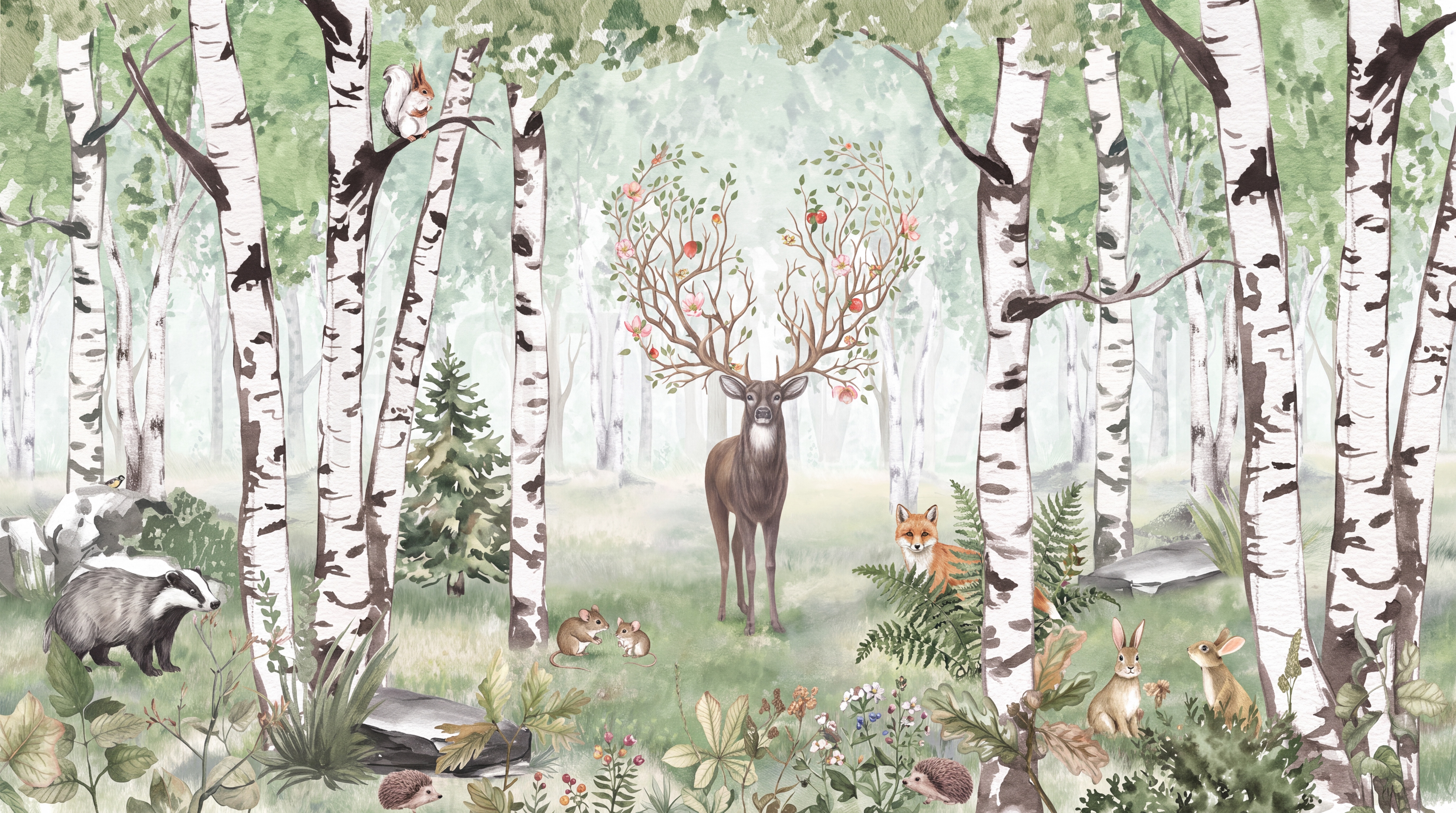 Sage Birch Scenic Wallpaper Mural, Peel-and-stick Finish