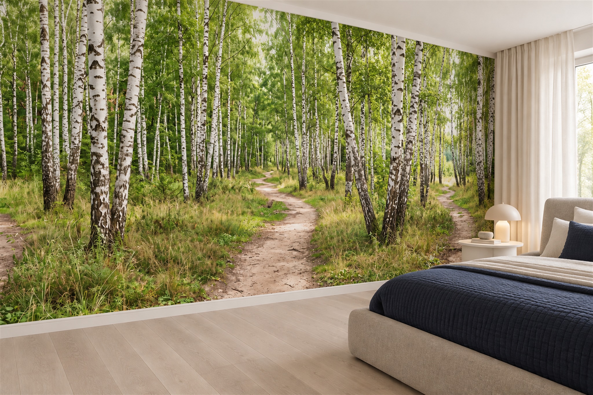 Sunlit Green Birch Forest Path Wallpaper Mural — Installed Wallpaper Mural In A Bedroom, Peel-and-stick Finish