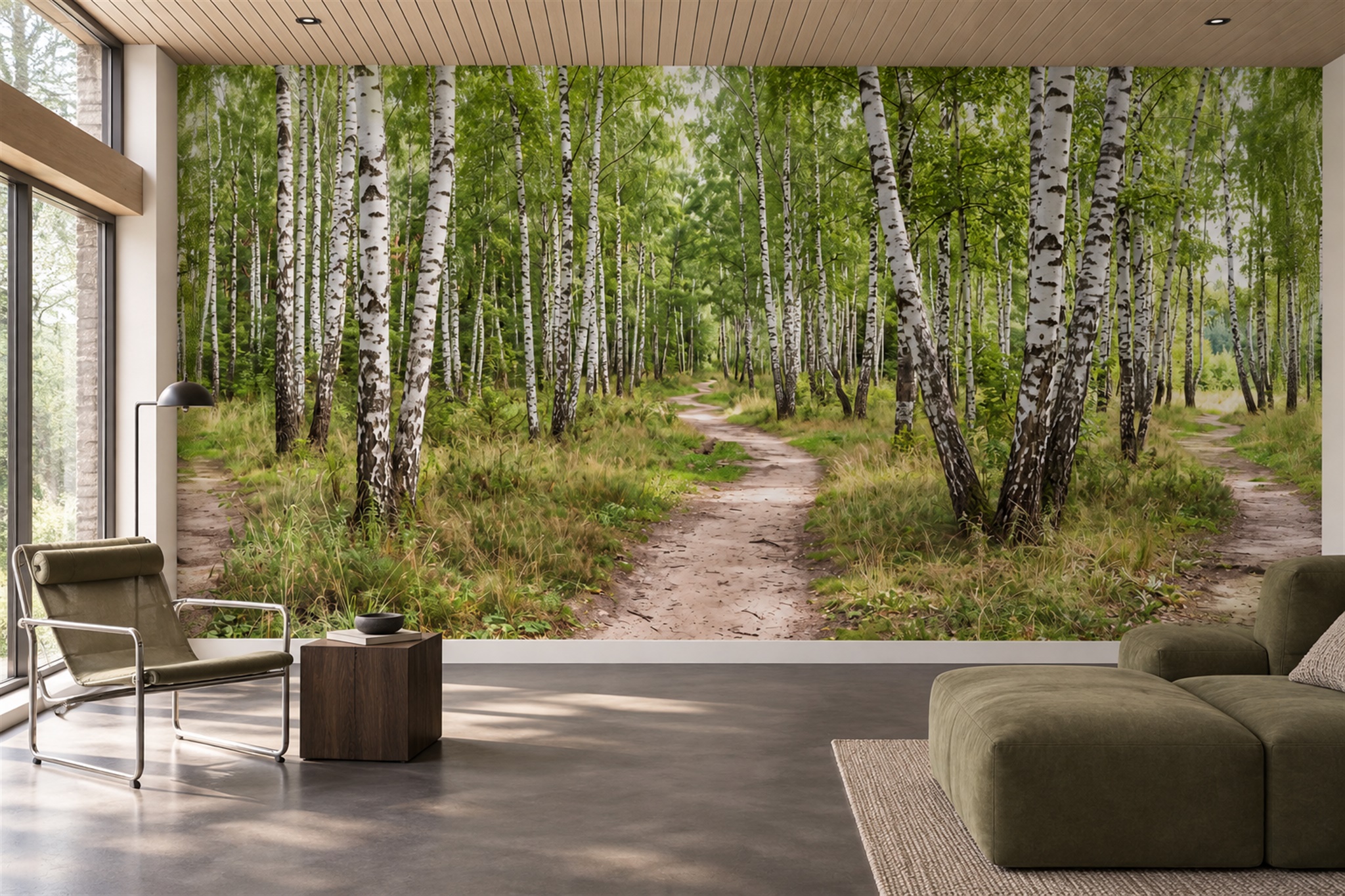 Green Birch Scenic Painterly Wallpaper Mural Living-room-wallpaper-murals, Shown In A Living Room, Peel-and-stick Finish