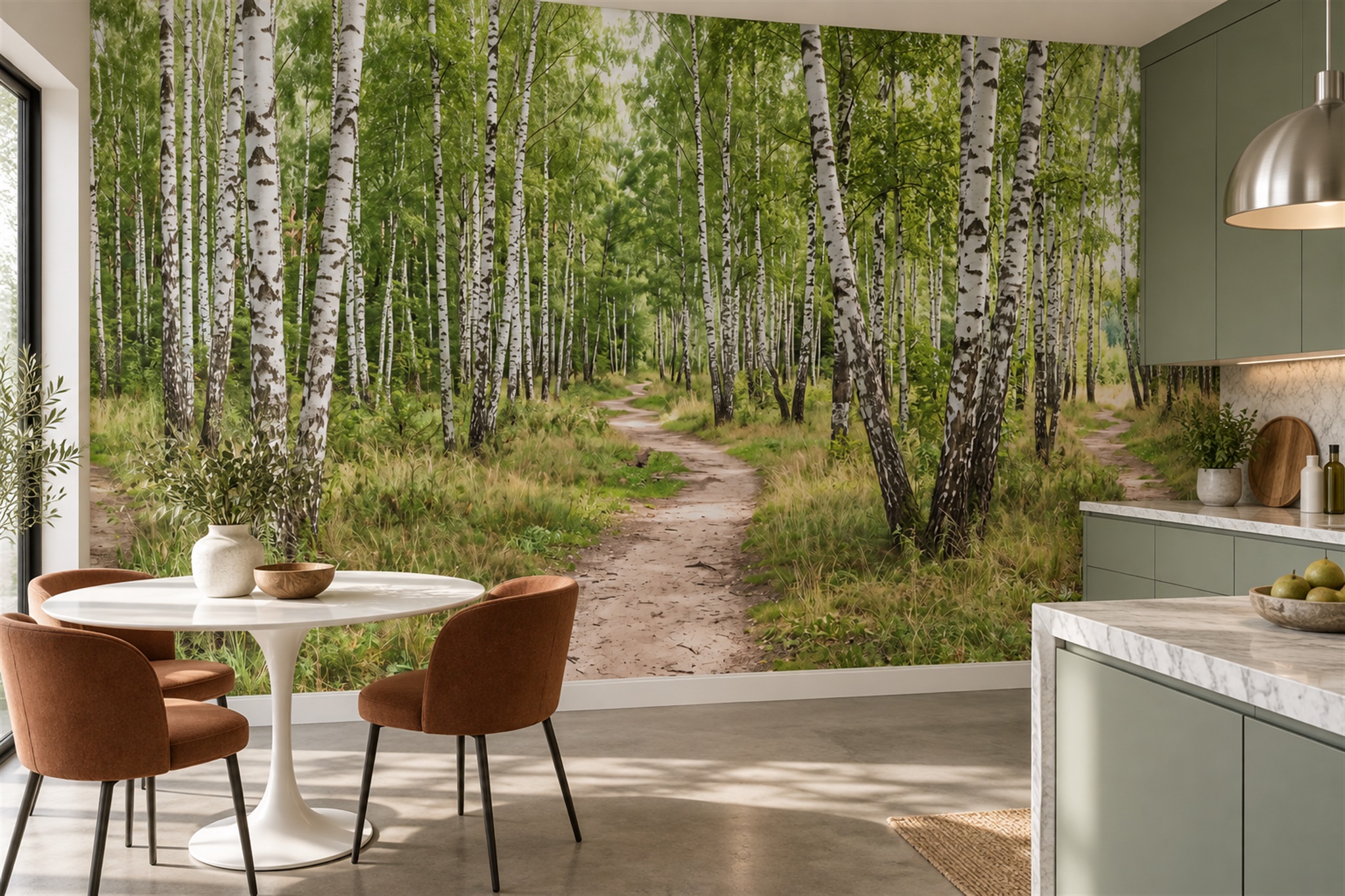 Green Birch Scenic Painterly Wallpaper Mural Dining-room-wallpaper-murals, Shown In A Dining Room, Peel-and-stick Finish
