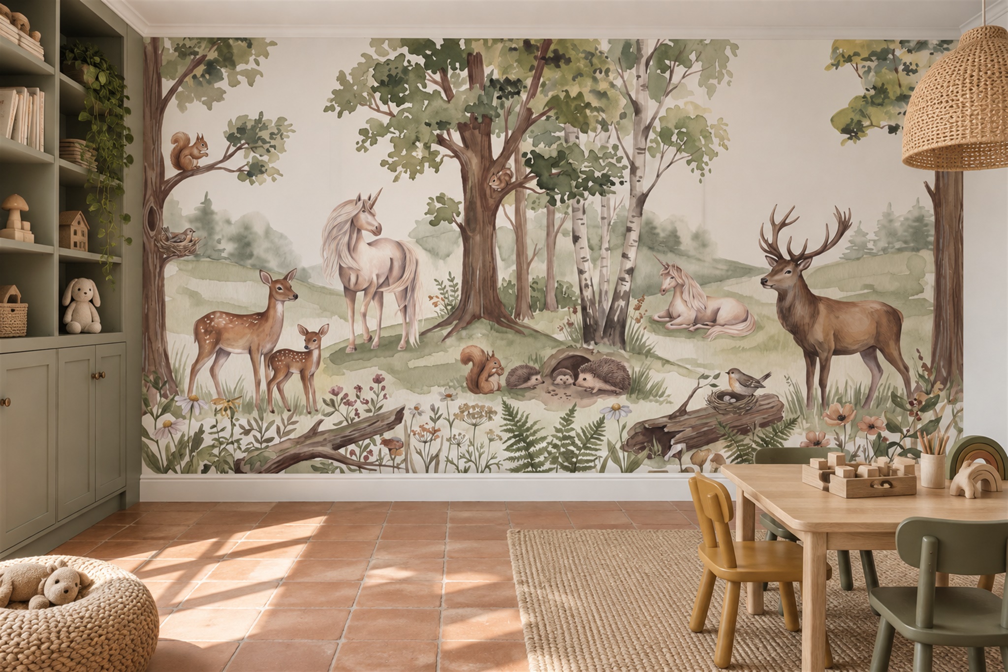 Sage Woodland Deer And White Horse Wallpaper Mural — Wallpaper Mural Design, Peel-and-stick Finish