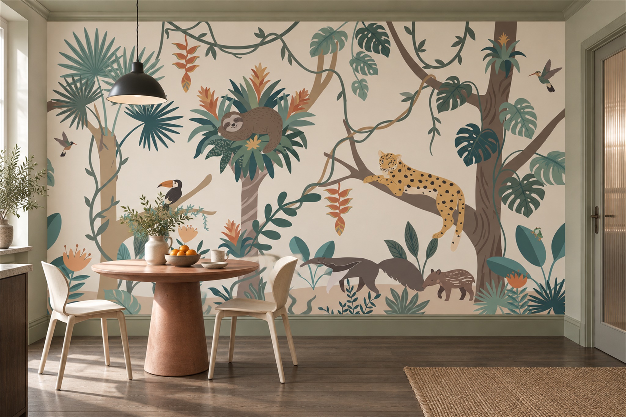 Teal Toile Artful Wallpaper Mural Dining-room-wallpaper-murals, Shown In A Dining Room, Peel-and-stick Finish