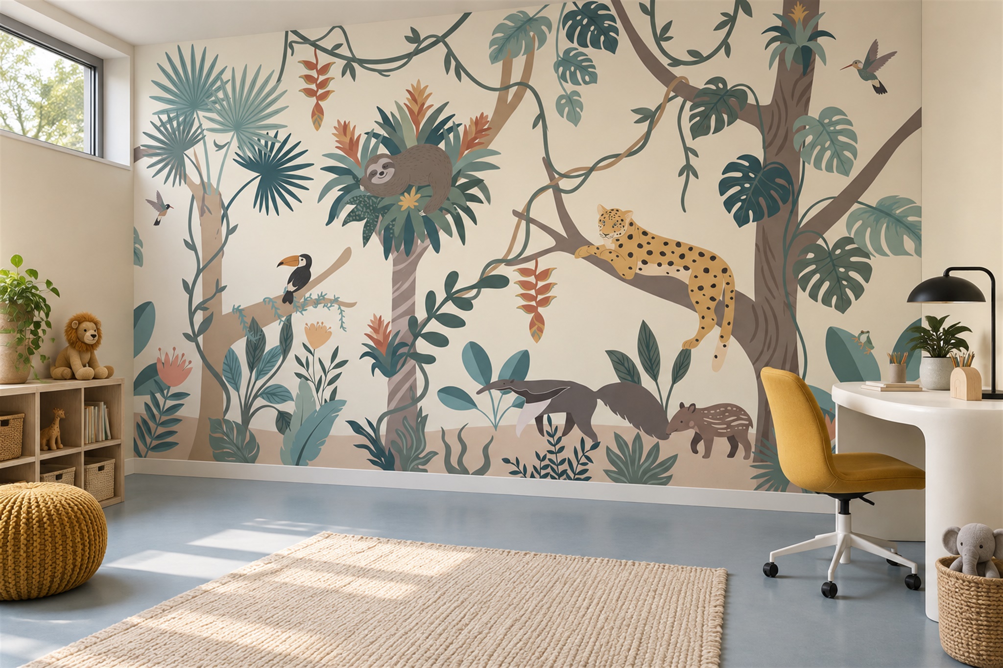 Teal Jungle Animals And Tropical Leaves Wallpaper Mural — Wallpaper Mural Design, Peel-and-stick Finish