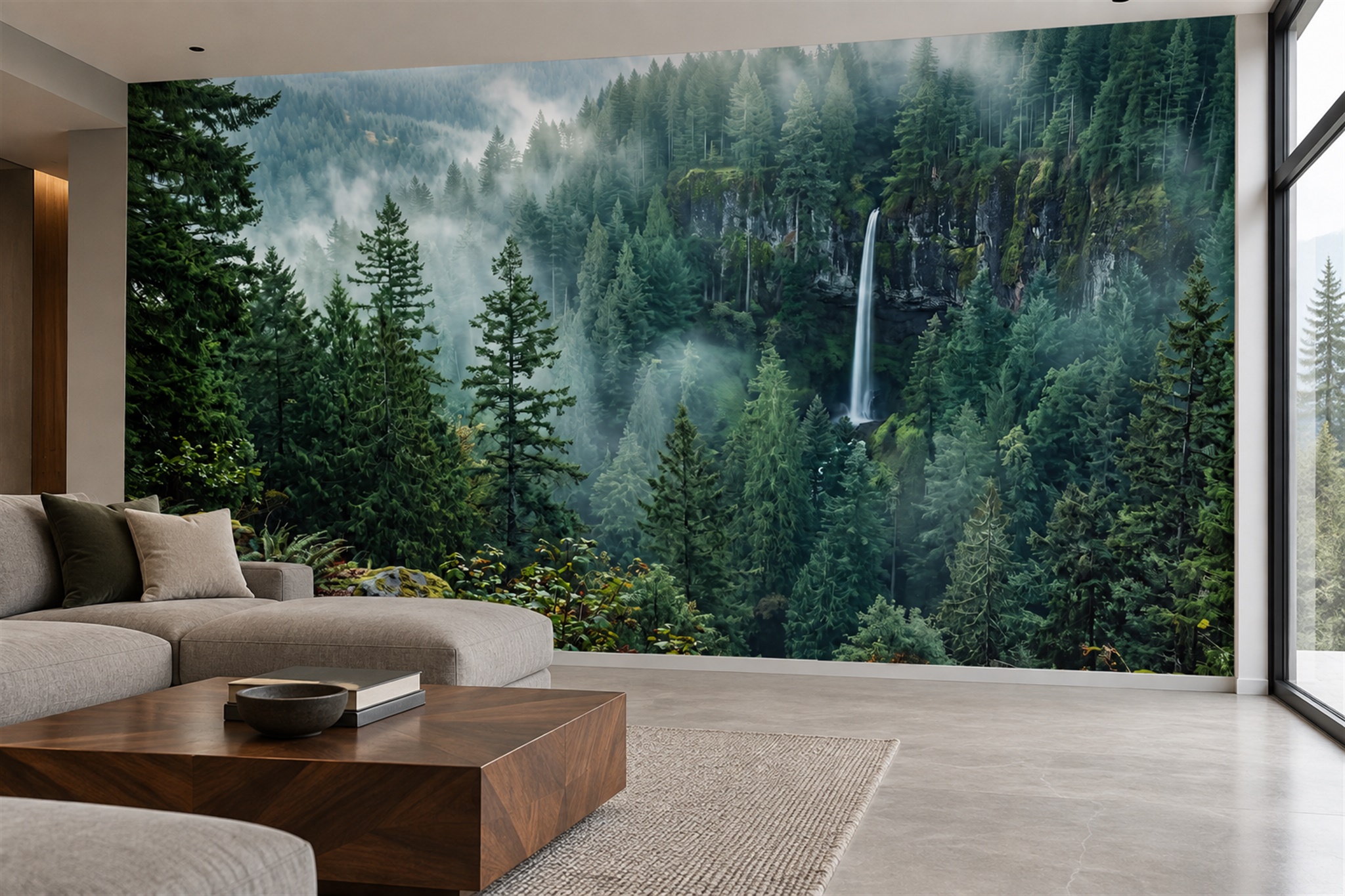 Green Pattern Decorative Illustrated Wallpaper Mural Living-room-wallpaper-murals, Shown In A Living Room, Peel-and-stick Finish