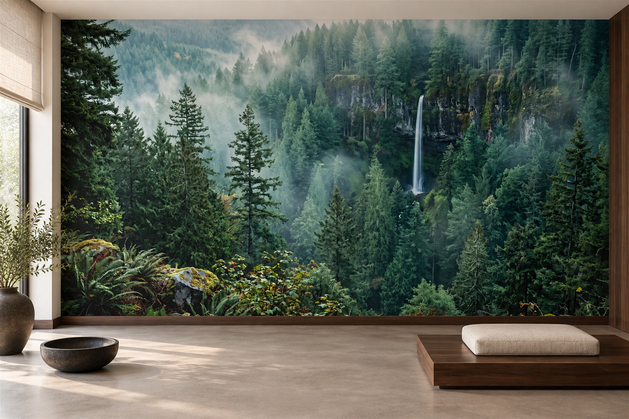 Misty Green Forest Waterfall Wallpaper Mural — Wallpaper Mural Design, Peel-and-stick Finish