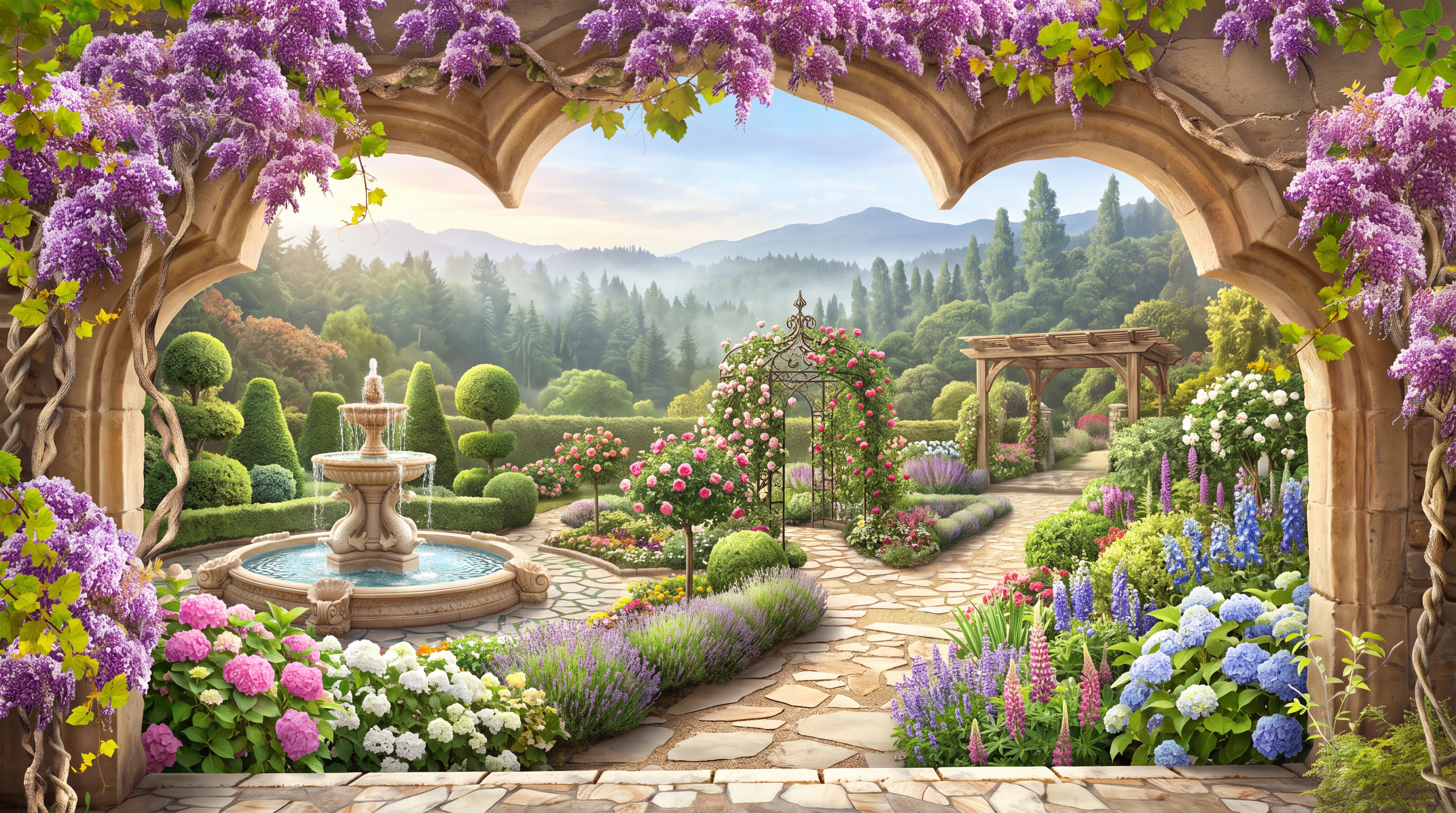 Purple Garden Scenic Wallpaper Mural, Peel-and-stick Finish