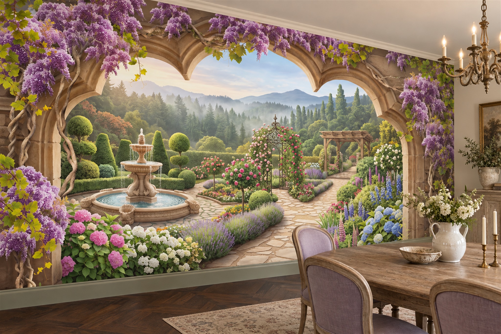 Purple Garden Scenic Wallpaper Mural Dining-room-wallpaper-murals, Shown In A Dining Room, Peel-and-stick Finish