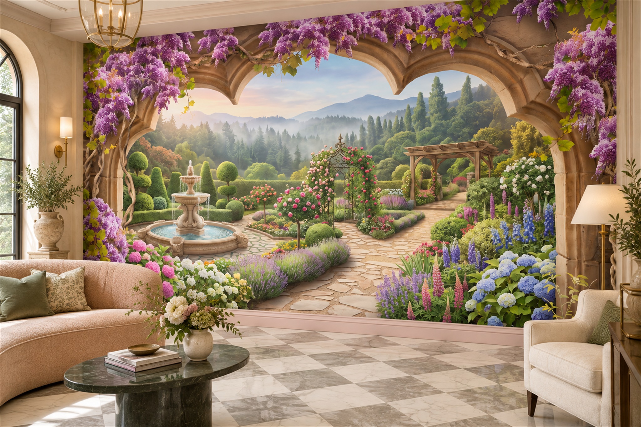 Purple Garden Scenic Wallpaper Mural Accent-wall-wallpaper-murals, Peel-and-stick Finish