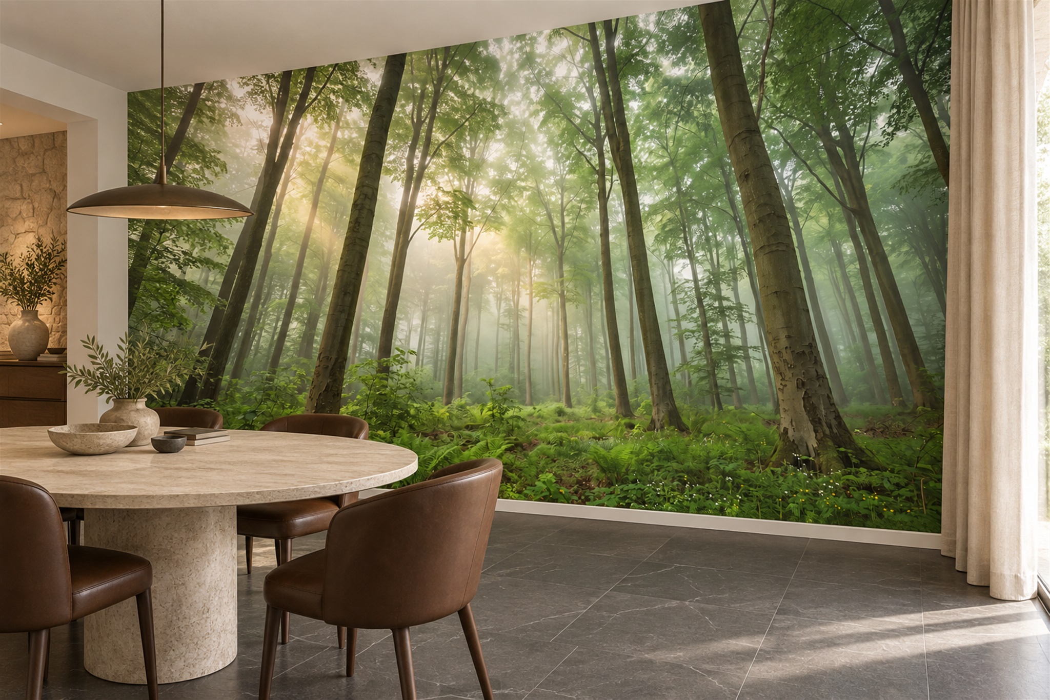 Green Forest Scenic Textured Wallpaper Mural Dining-room-wallpaper-murals, Shown In A Dining Room, Peel-and-stick Finish