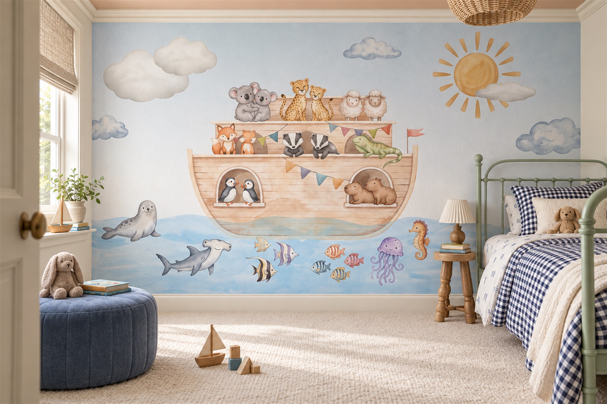 Blue Pattern Decorative Wallpaper Mural Layered Expressive Wallpaper, Peel-and-stick Finish