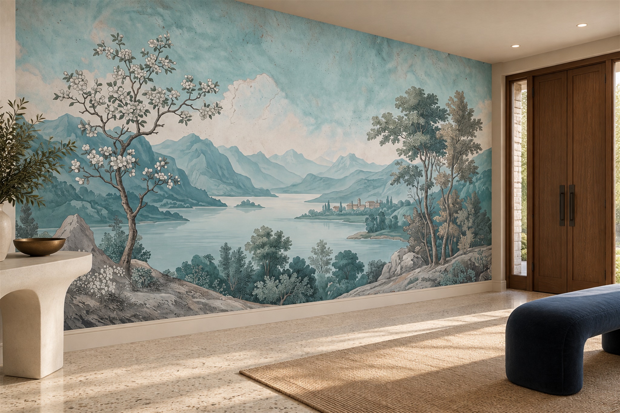 Aqua Lake Scenic Wallpaper Mural Entryway-wallpaper-murals, Peel-and-stick Finish