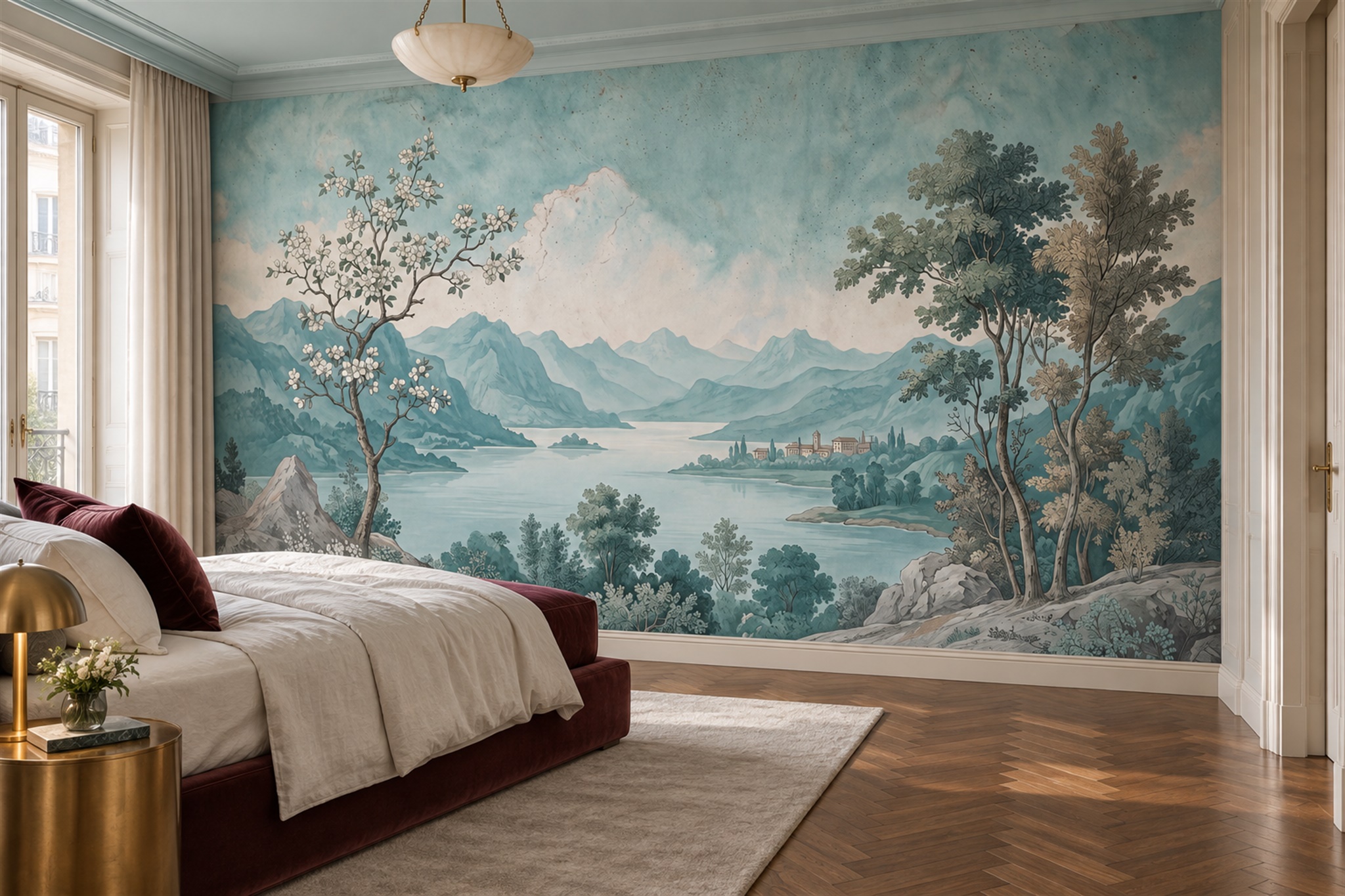 Aqua Lake Scenic Wallpaper Mural Bedroom-wallpaper-murals, Peel-and-stick Finish