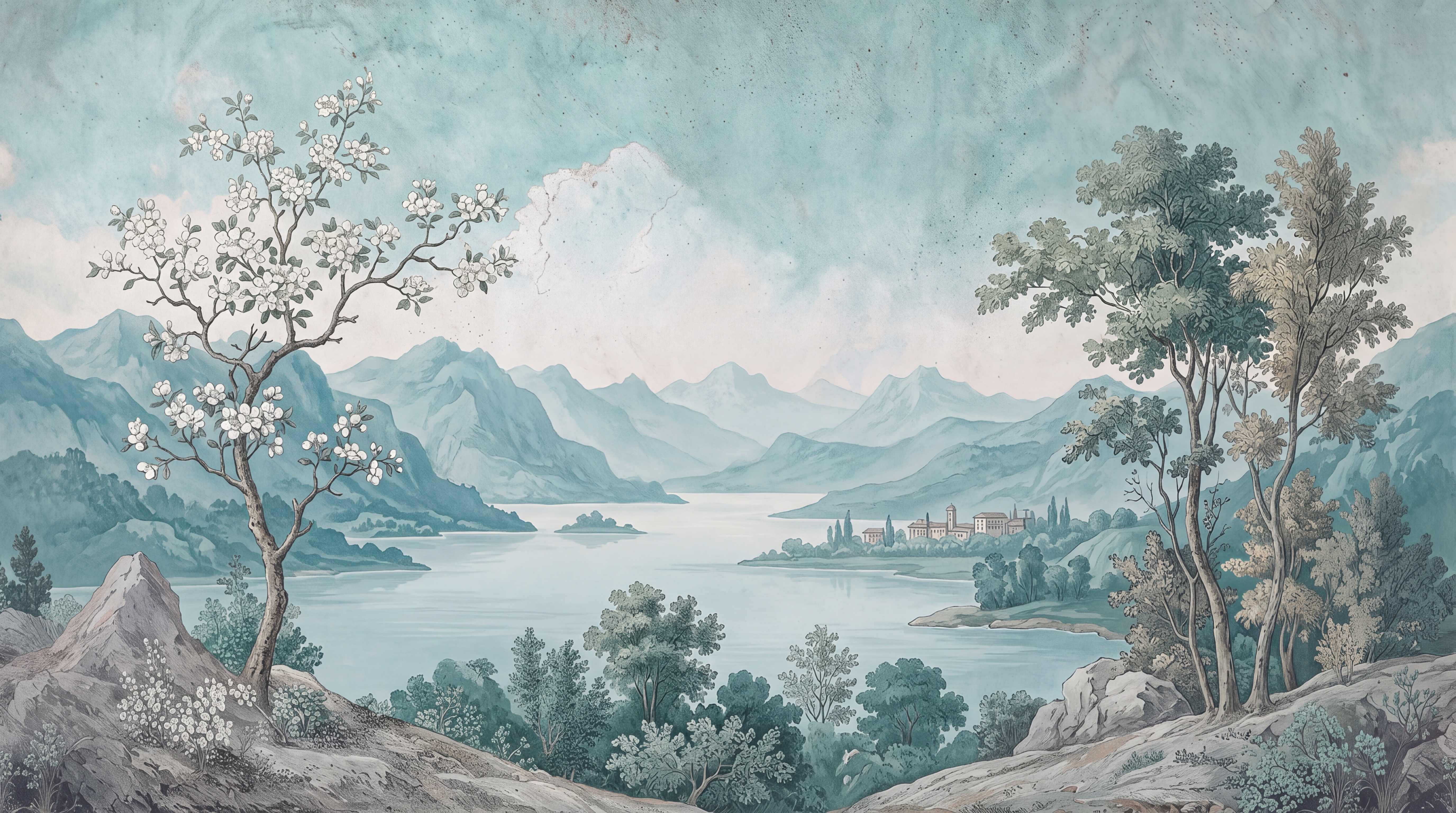 Aqua Lake Scenic Wallpaper Mural, Peel-and-stick Finish