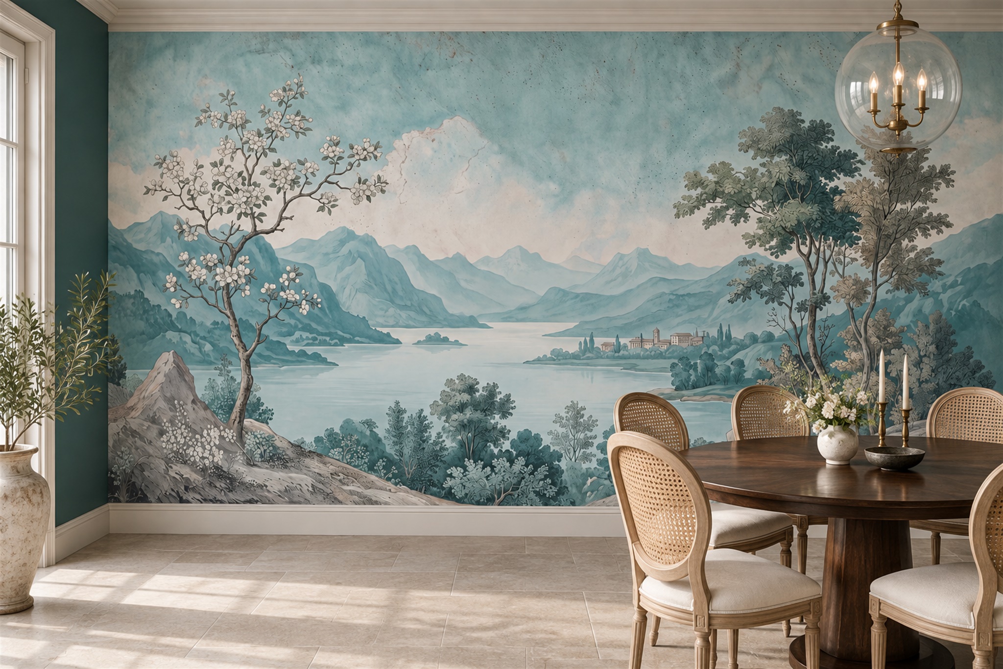 Aqua Lake Scenic Wallpaper Mural Entryway-wallpaper-murals, Peel-and-stick Finish