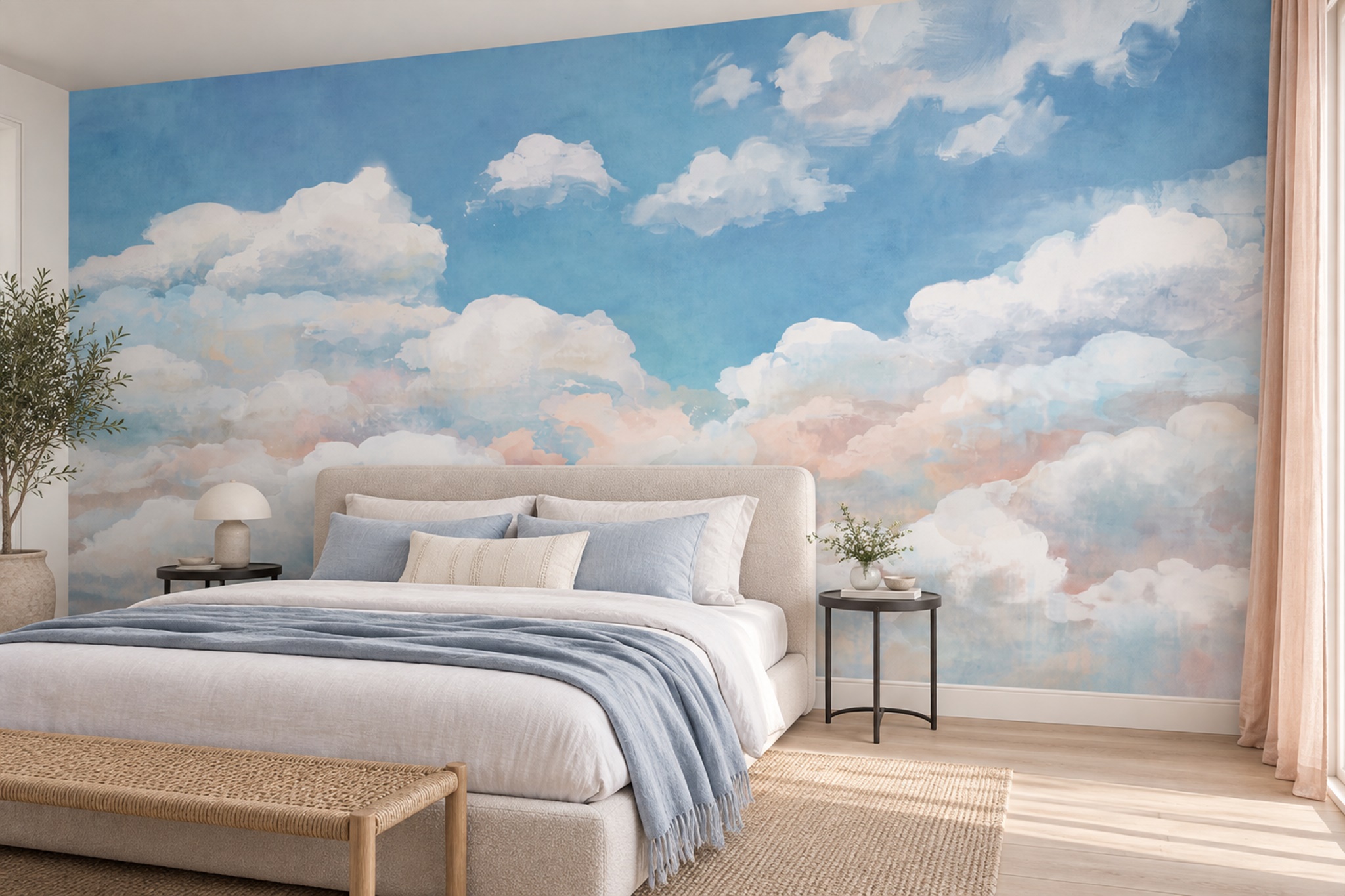 Blue Clouds Artful Organic Wallpaper Mural Bedroom-wallpaper-murals, Peel-and-stick Finish