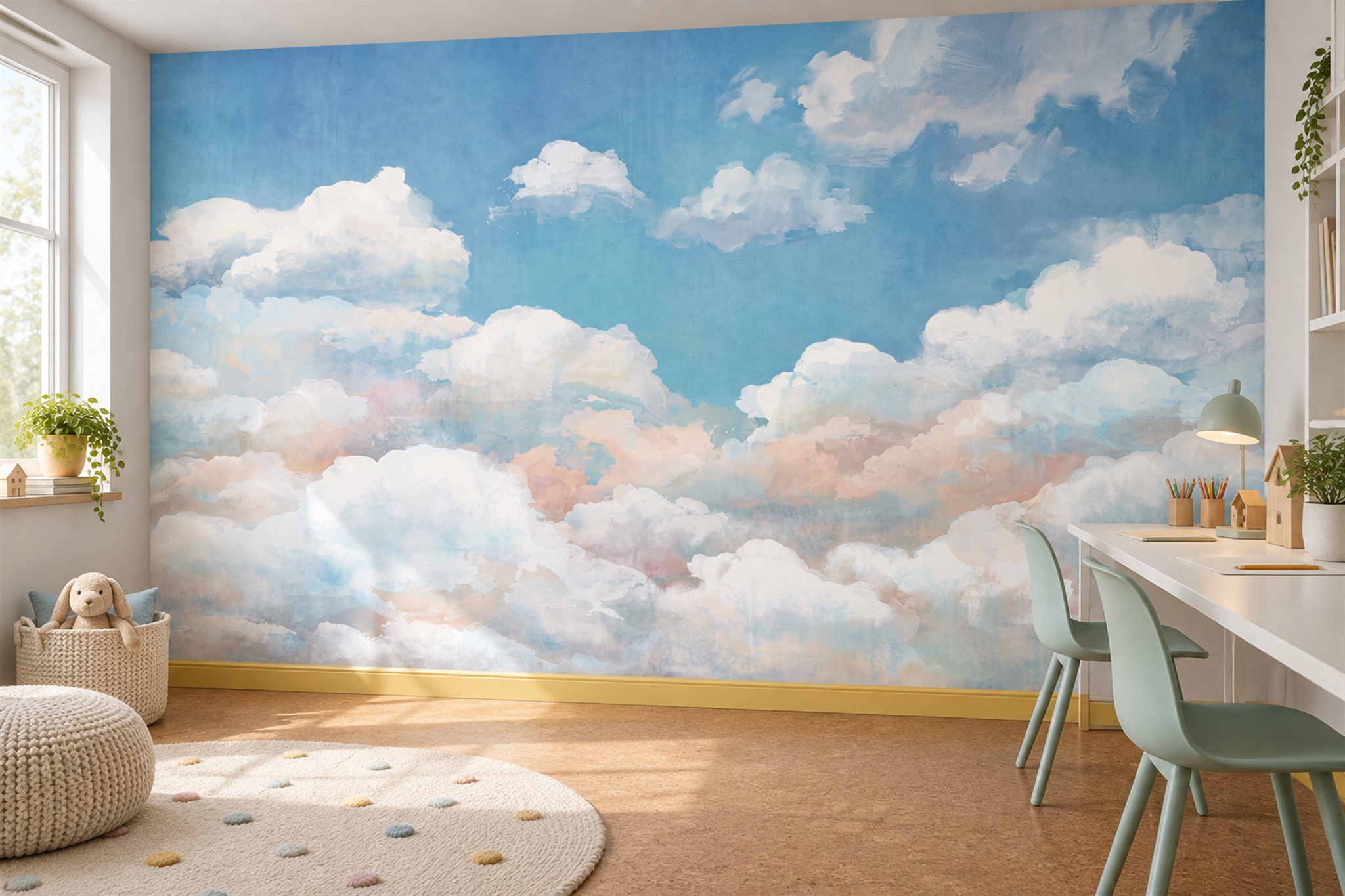 Blue Clouds Artful Organic Wallpaper Mural Feature-wall-wallpaper-murals, Peel-and-stick Finish