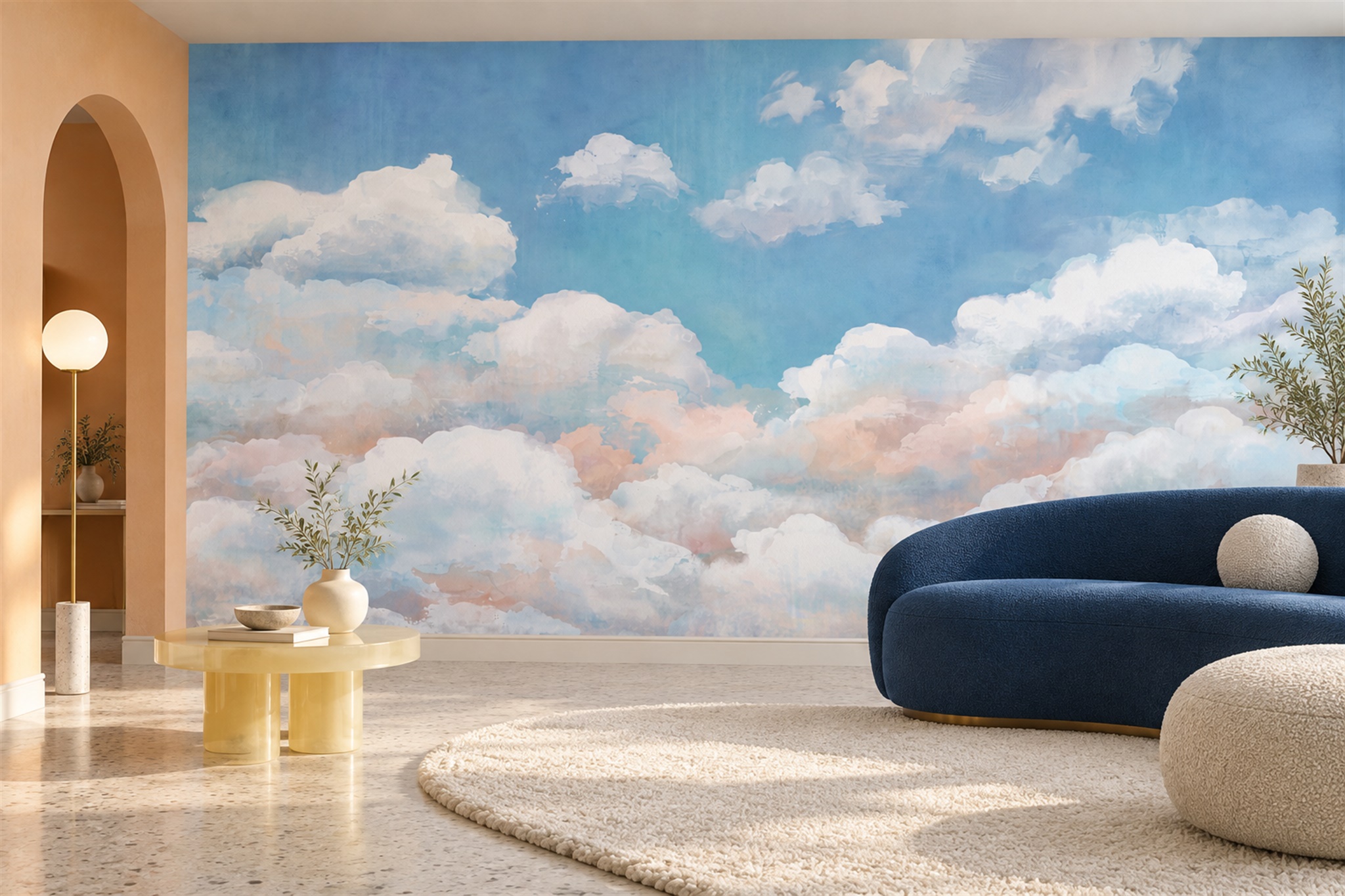 Blue Clouds Artful Organic Wallpaper Mural Feature-wall-wallpaper-murals, Peel-and-stick Finish