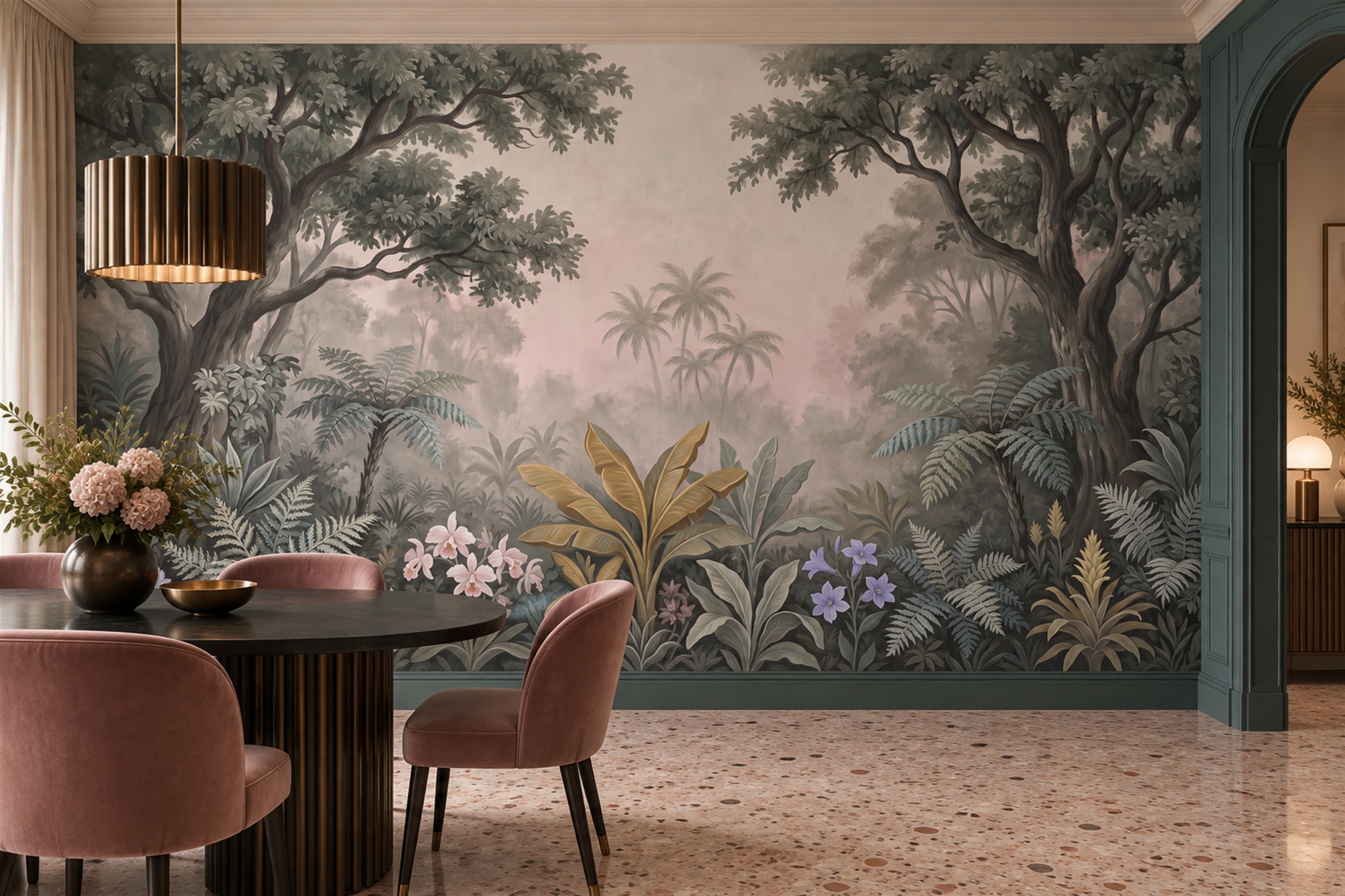 Grey Tropical Garden Watercolour Wallpaper Mural — Wallpaper Mural Design, Peel-and-stick Finish