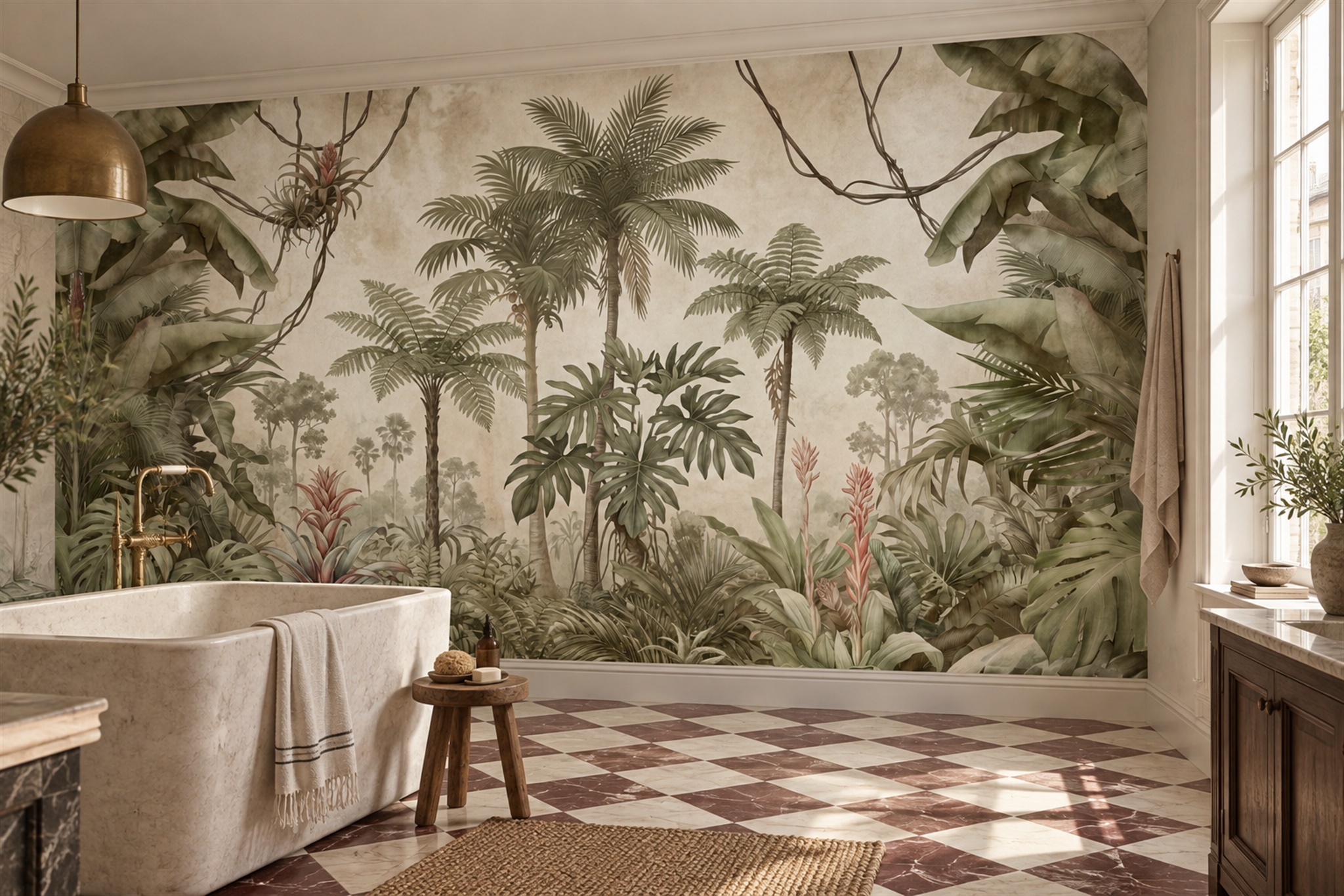 Olive Tropical Artful Decorative Wallpaper Mural Bathroom-wallpaper-murals, Peel-and-stick Finish