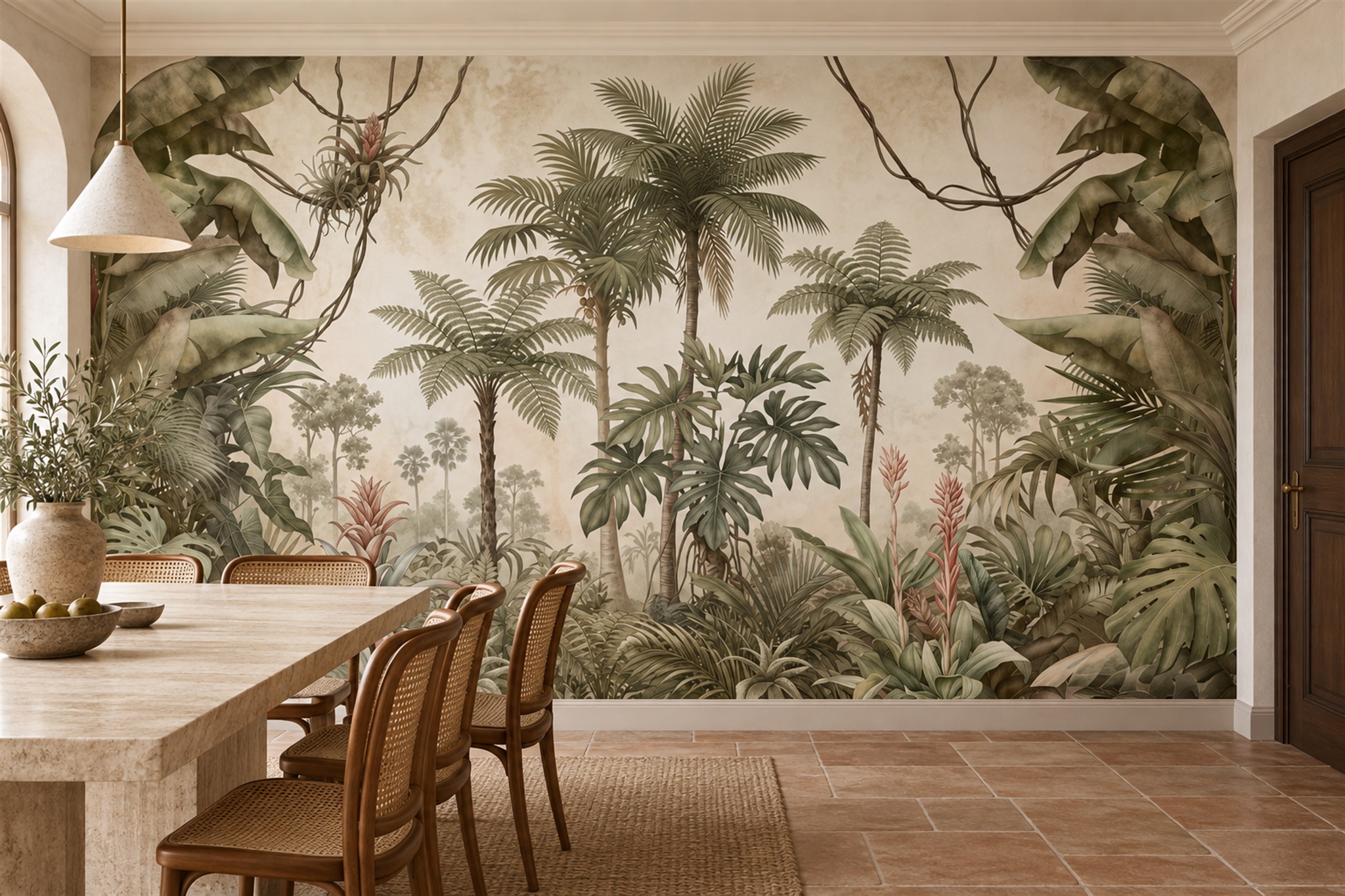 Olive Tropical Artful Decorative Wallpaper Mural Dining-room-wallpaper-murals, Peel-and-stick Finish