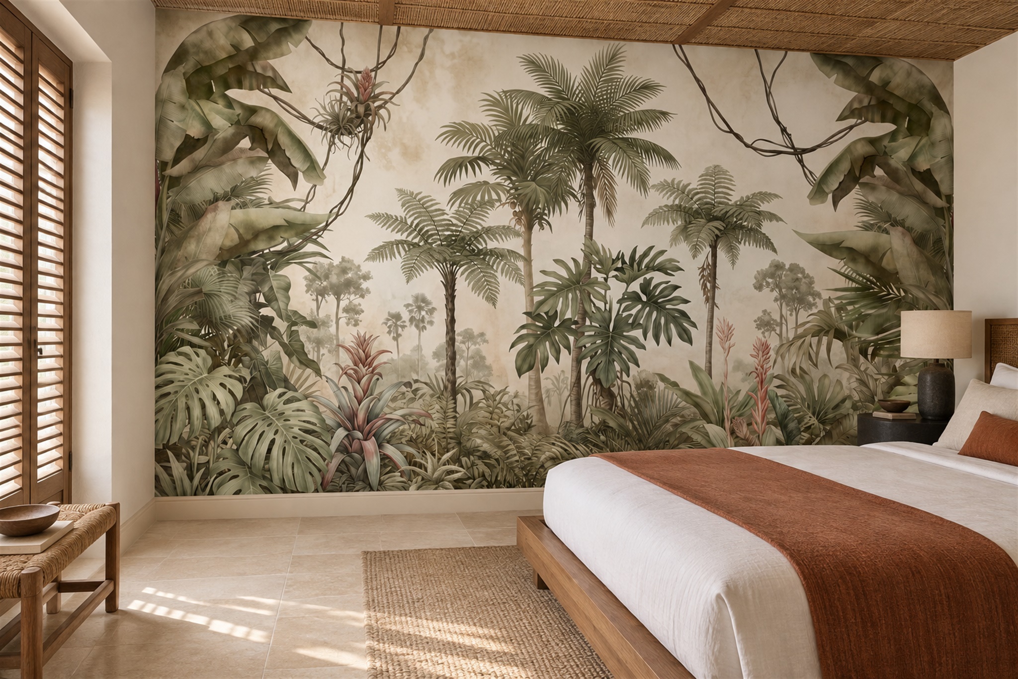Olive Tropical Artful Decorative Wallpaper Mural Bedroom-wallpaper-murals, Peel-and-stick Finish