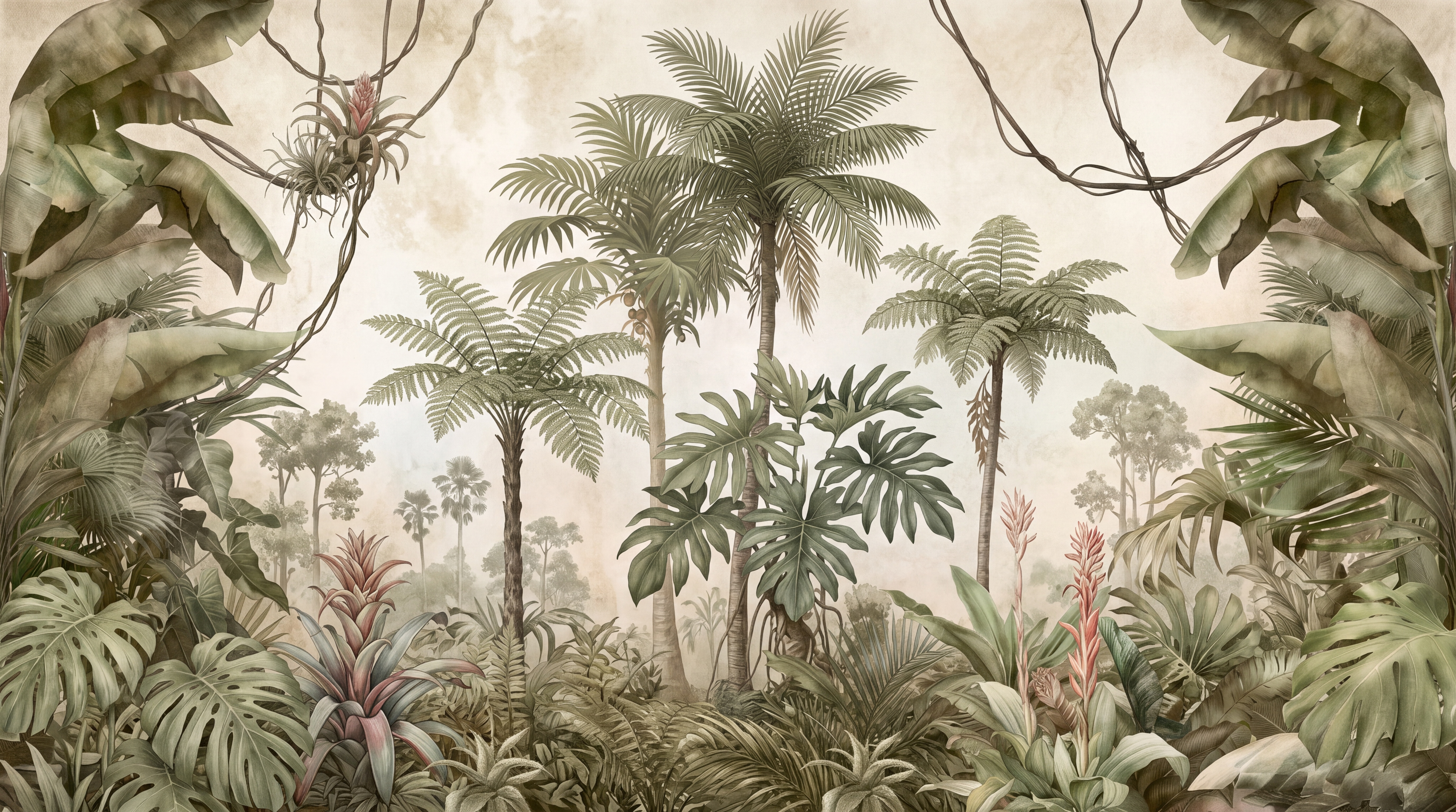 Olive Tropical Artful Decorative Wallpaper Mural Dining-room-wallpaper-murals, Peel-and-stick Finish