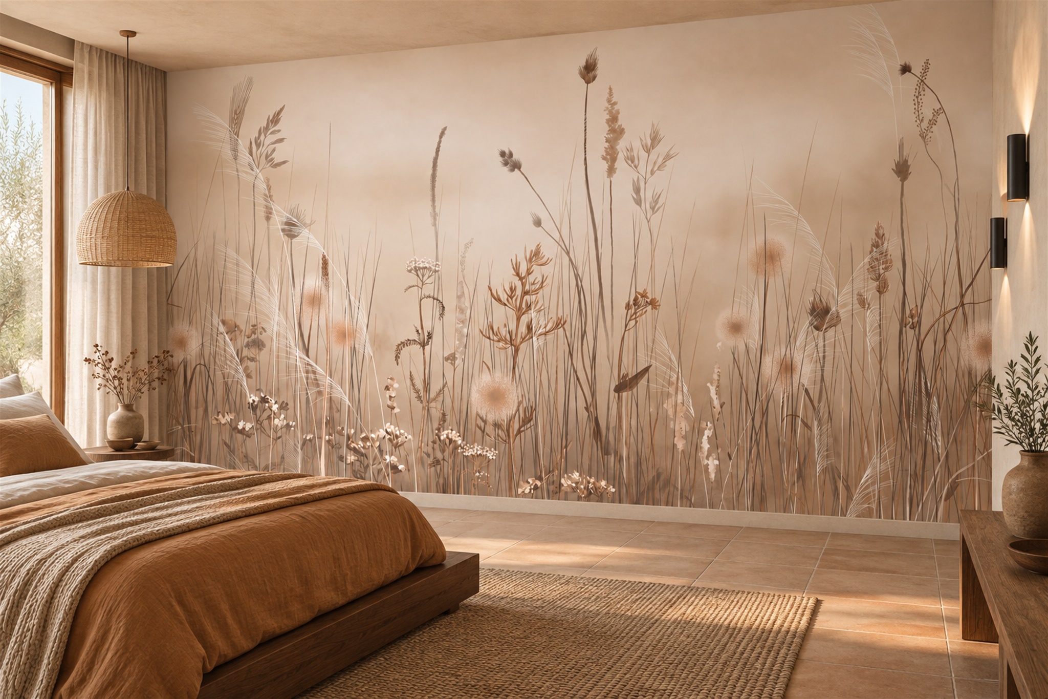 Beige Meadow Scenic Wallpaper Mural Bedroom-wallpaper-murals, Peel-and-stick Finish