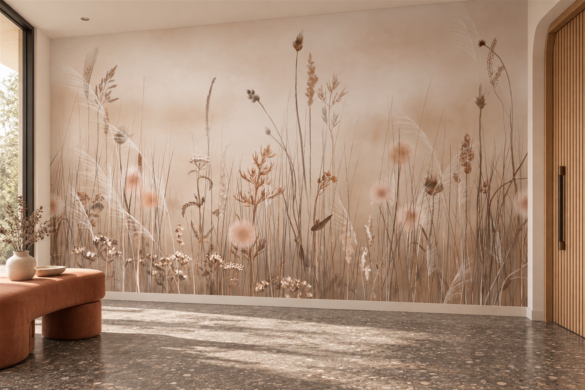 Beige Meadow Scenic Wallpaper Mural Entryway-wallpaper-murals, Peel-and-stick Finish