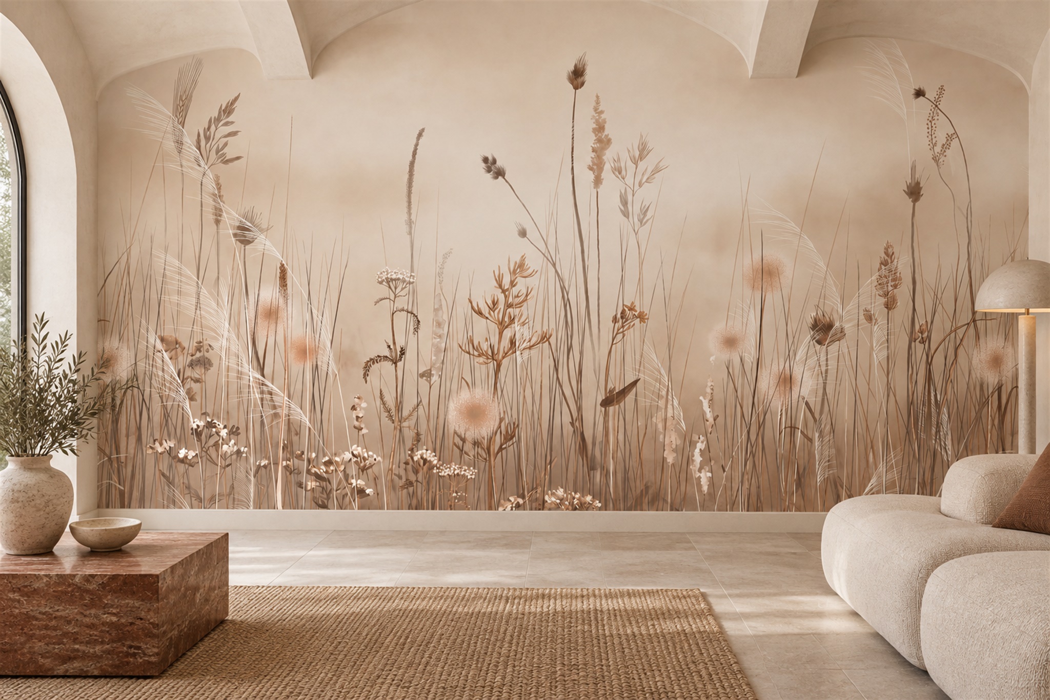 Beige Meadow Scenic Wallpaper Mural Accent-wall-wallpaper-murals, Peel-and-stick Finish