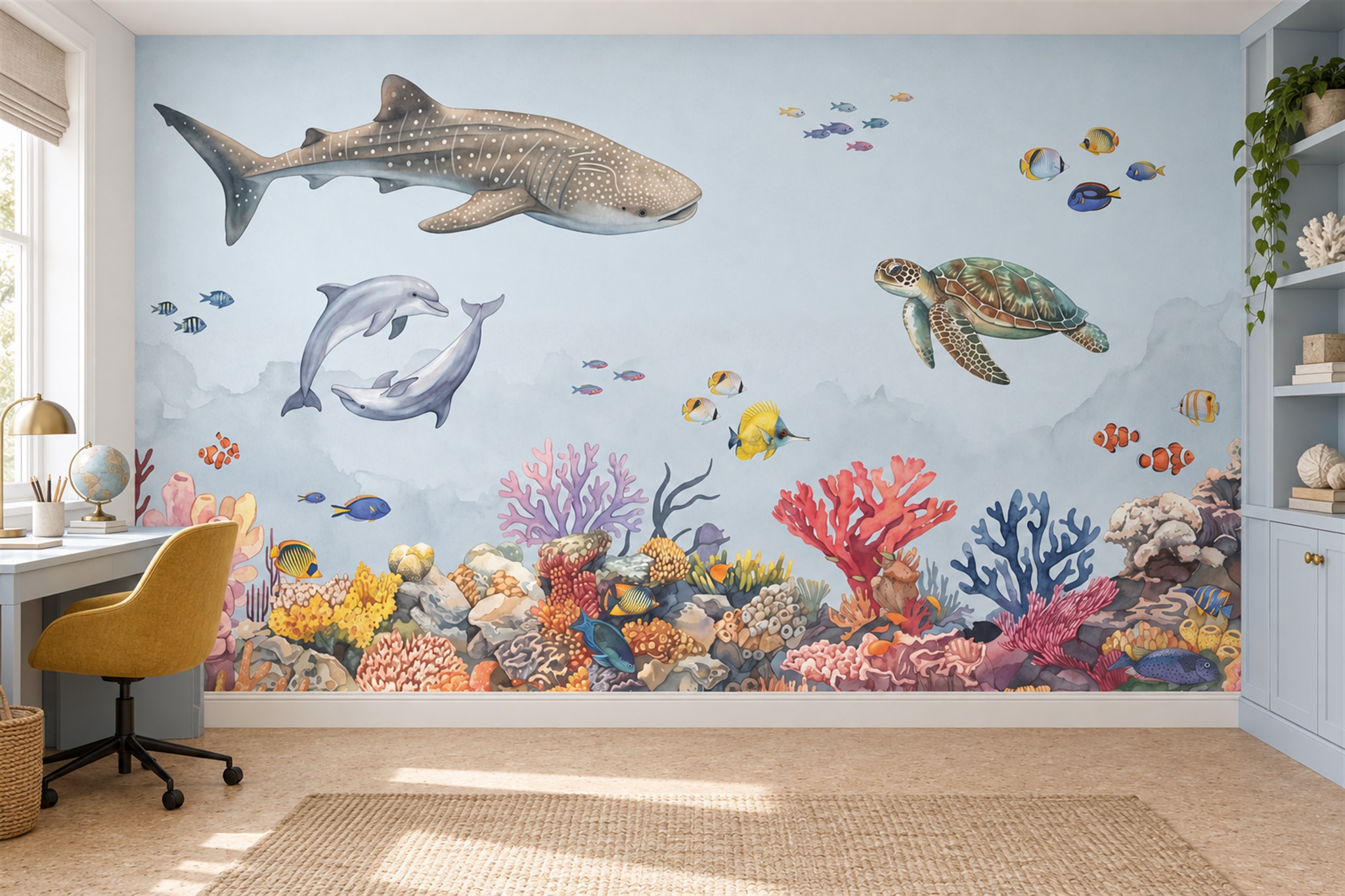 Blue Reef Scenic Wallpaper Mural Home-office-wallpaper-murals, Shown In A Home Office, Peel-and-stick Finish