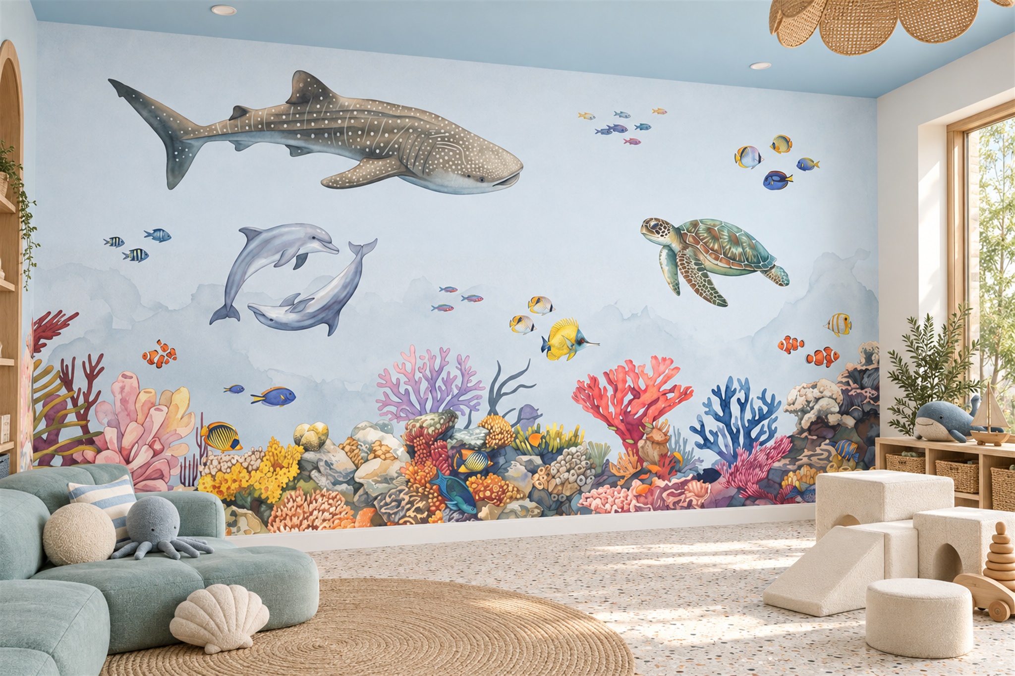 Blue Reef Scenic Wallpaper Mural Accent-wall-wallpaper-murals, Peel-and-stick Finish