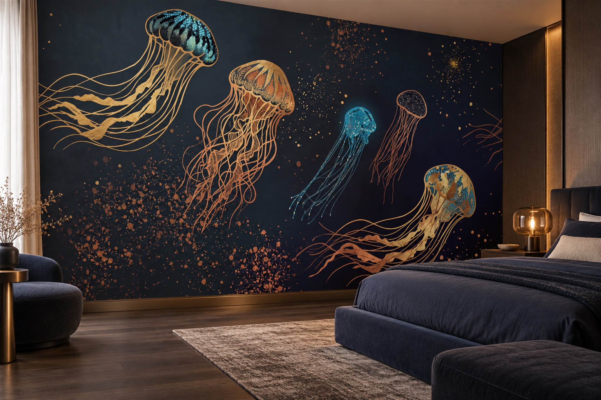 Navy Jellyfish Illustrated Wallpaper Mural Bedroom-wallpaper-murals, Peel-and-stick Finish