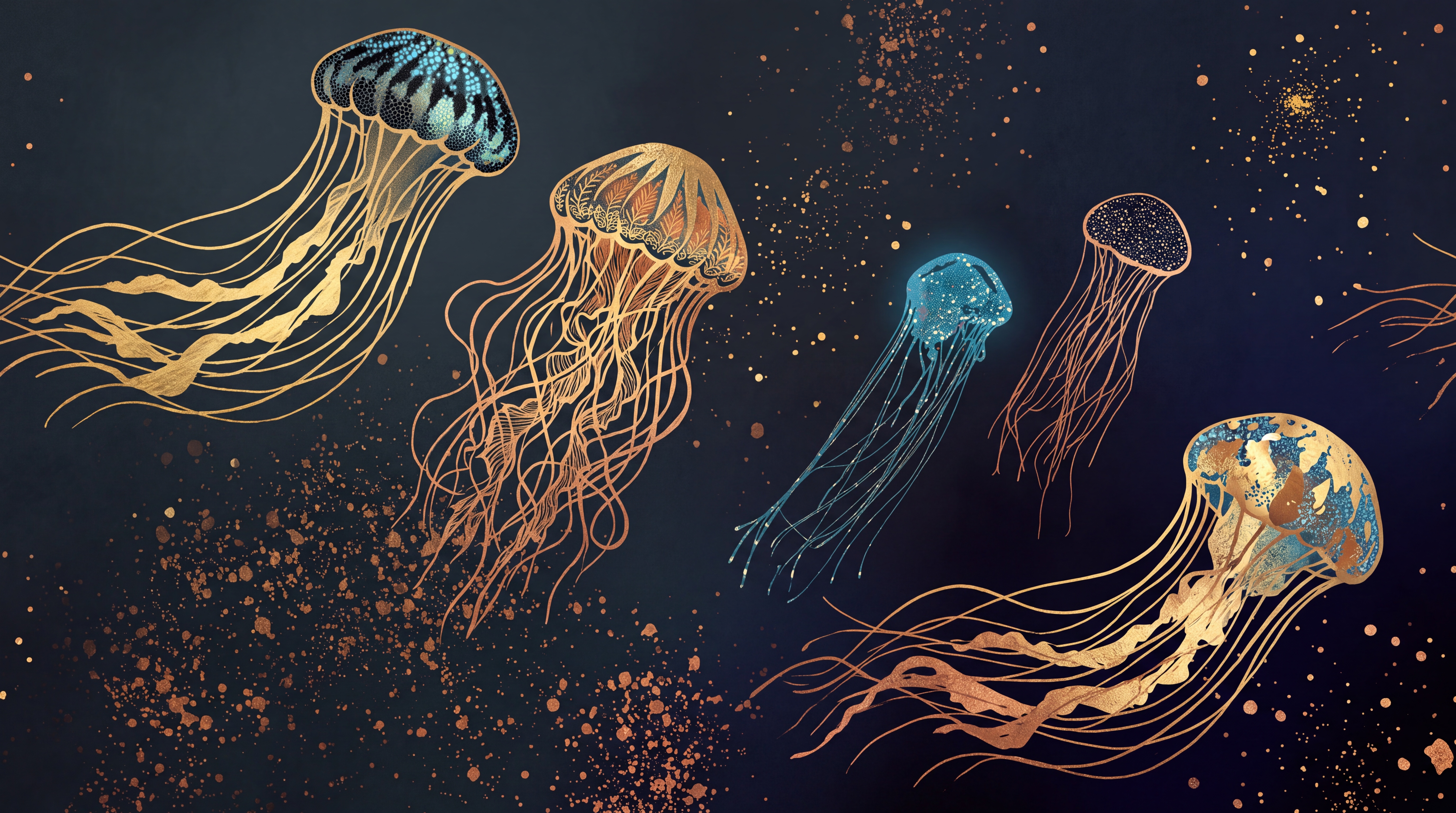 Navy Jellyfish Illustrated Wallpaper Mural, Peel-and-stick Finish