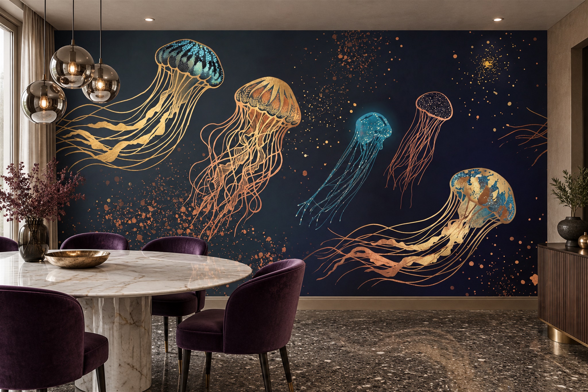 Navy And Gold Jellyfish Marine Wallpaper Mural — Wallpaper Mural Design, Peel-and-stick Finish