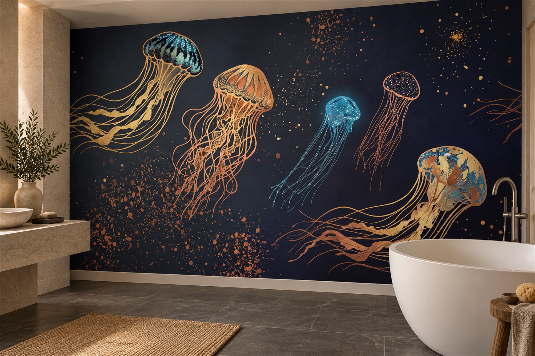 Navy Jellyfish Illustrated Wallpaper Mural Dining-room-wallpaper-murals, Peel-and-stick Finish