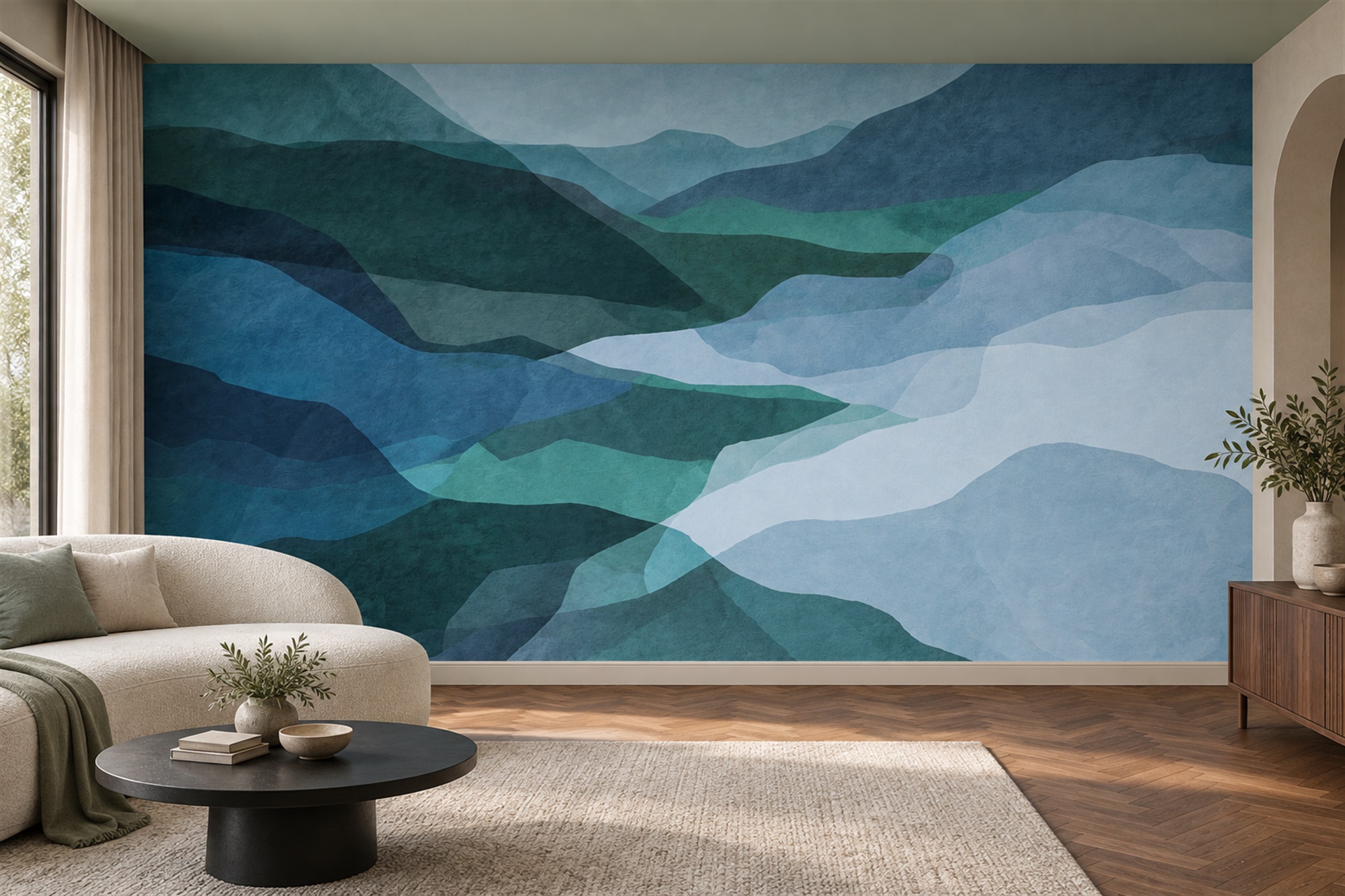 Teal Hills Scenic Wallpaper Mural Living-room-wallpaper-murals, Peel-and-stick Finish