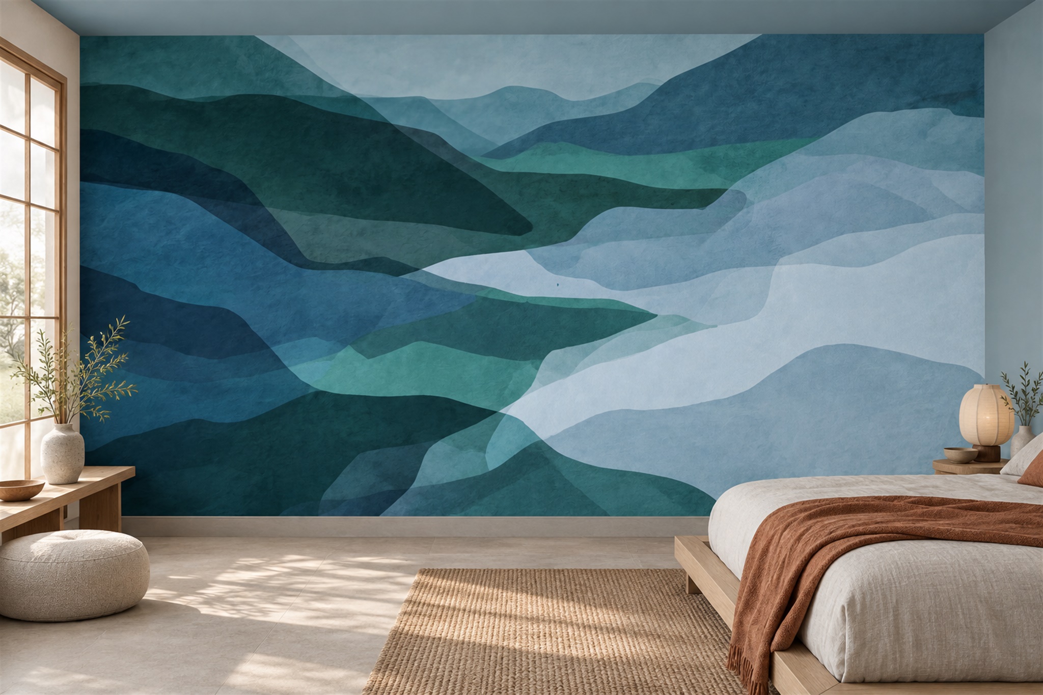 Teal Hills Scenic Wallpaper Mural Bedroom-wallpaper-murals, Peel-and-stick Finish