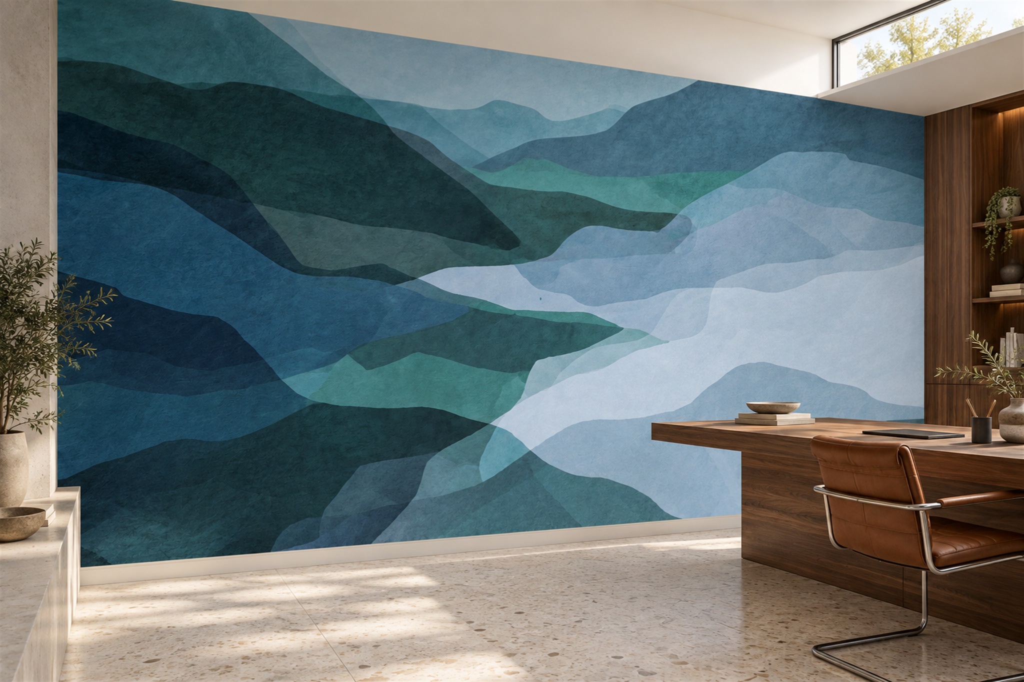 Teal Hills Scenic Wallpaper Mural Living-room-wallpaper-murals, Peel-and-stick Finish