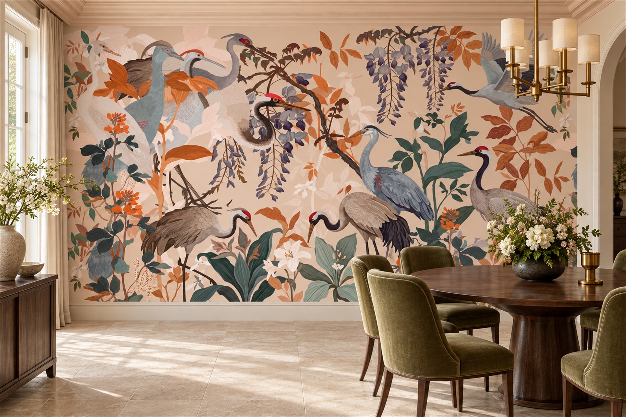 Peach Crane Illustrated Wallpaper Mural Dining-room-wallpaper-murals, Shown In A Dining Room, Peel-and-stick Finish