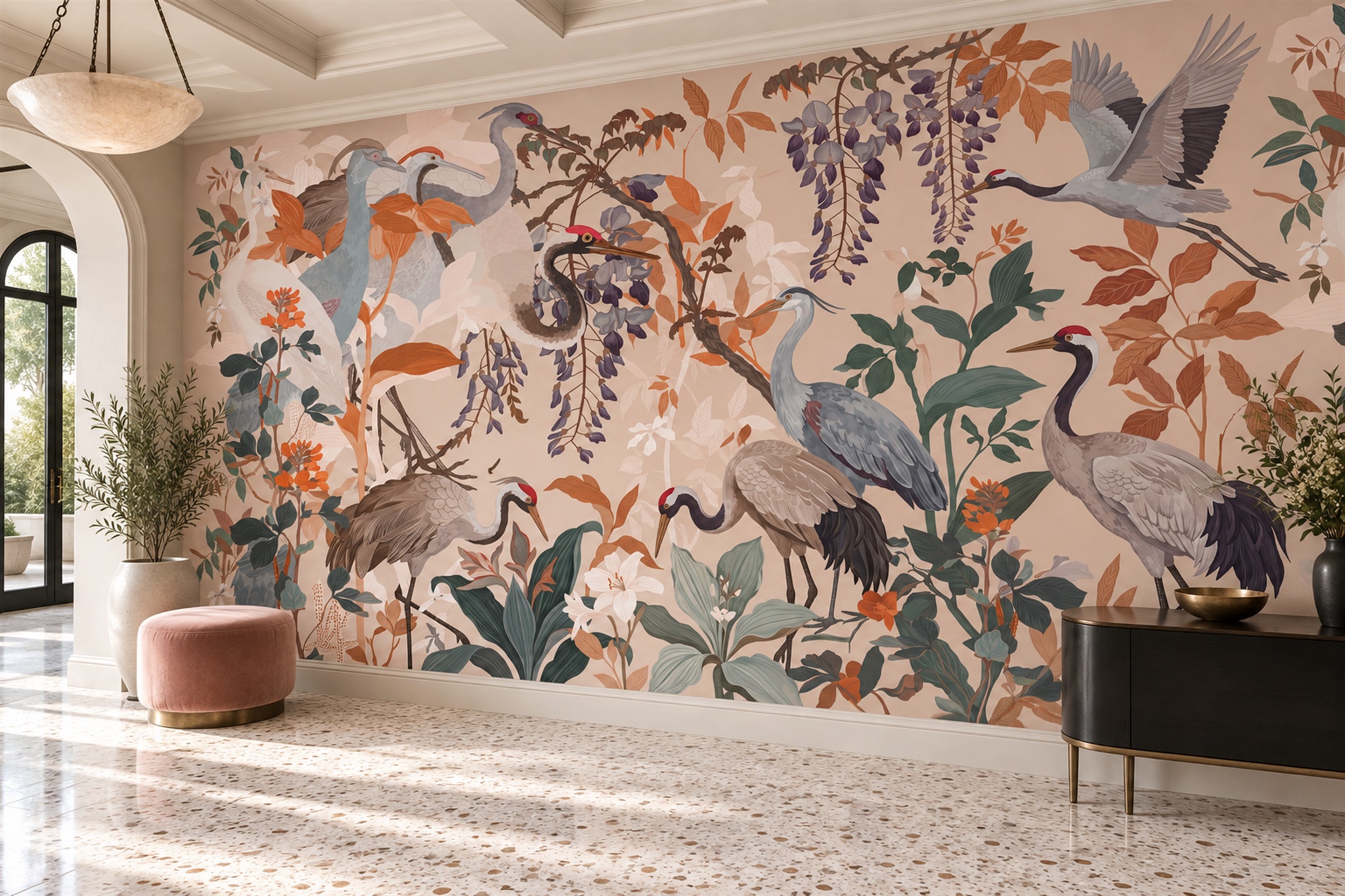 Peach Crane Illustrated Wallpaper Mural Entryway-wallpaper-murals, Peel-and-stick Finish