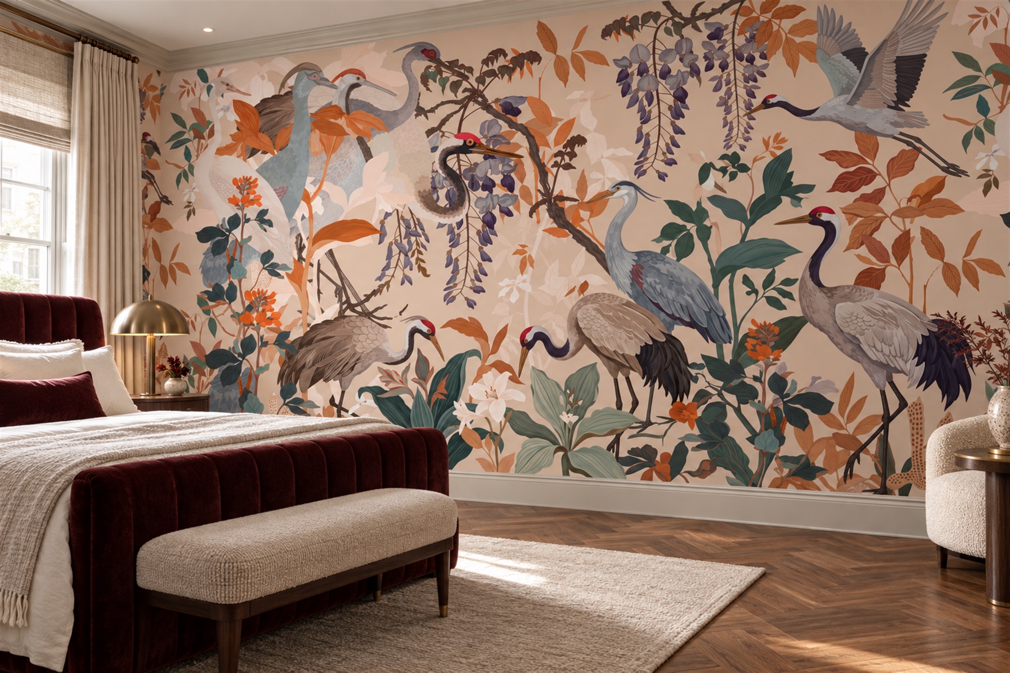 Peach Crane Illustrated Wallpaper Mural Bedroom-wallpaper-murals, Peel-and-stick Finish