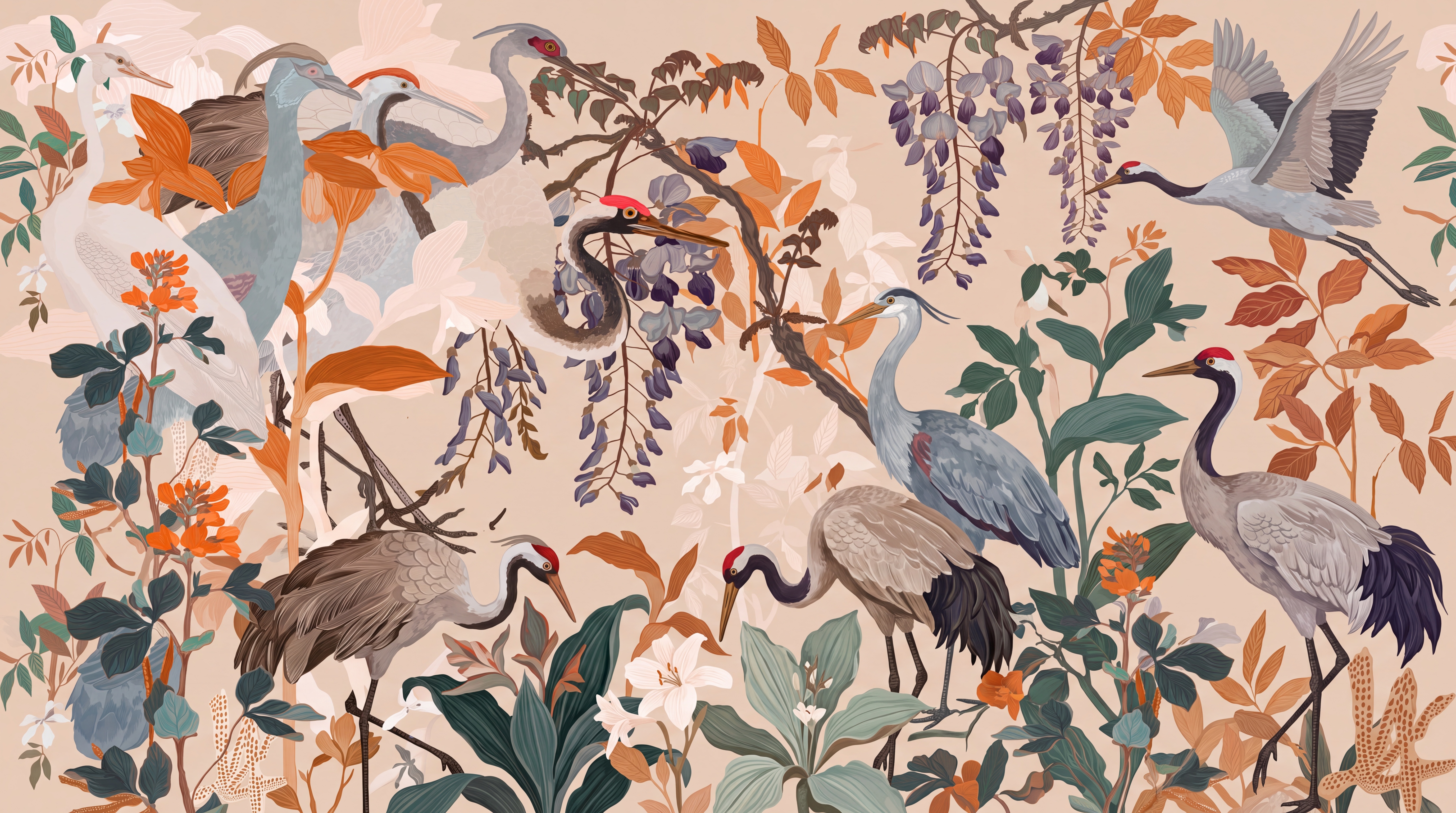 Peach Crane Illustrated Wallpaper Mural Entryway-wallpaper-murals, Peel-and-stick Finish