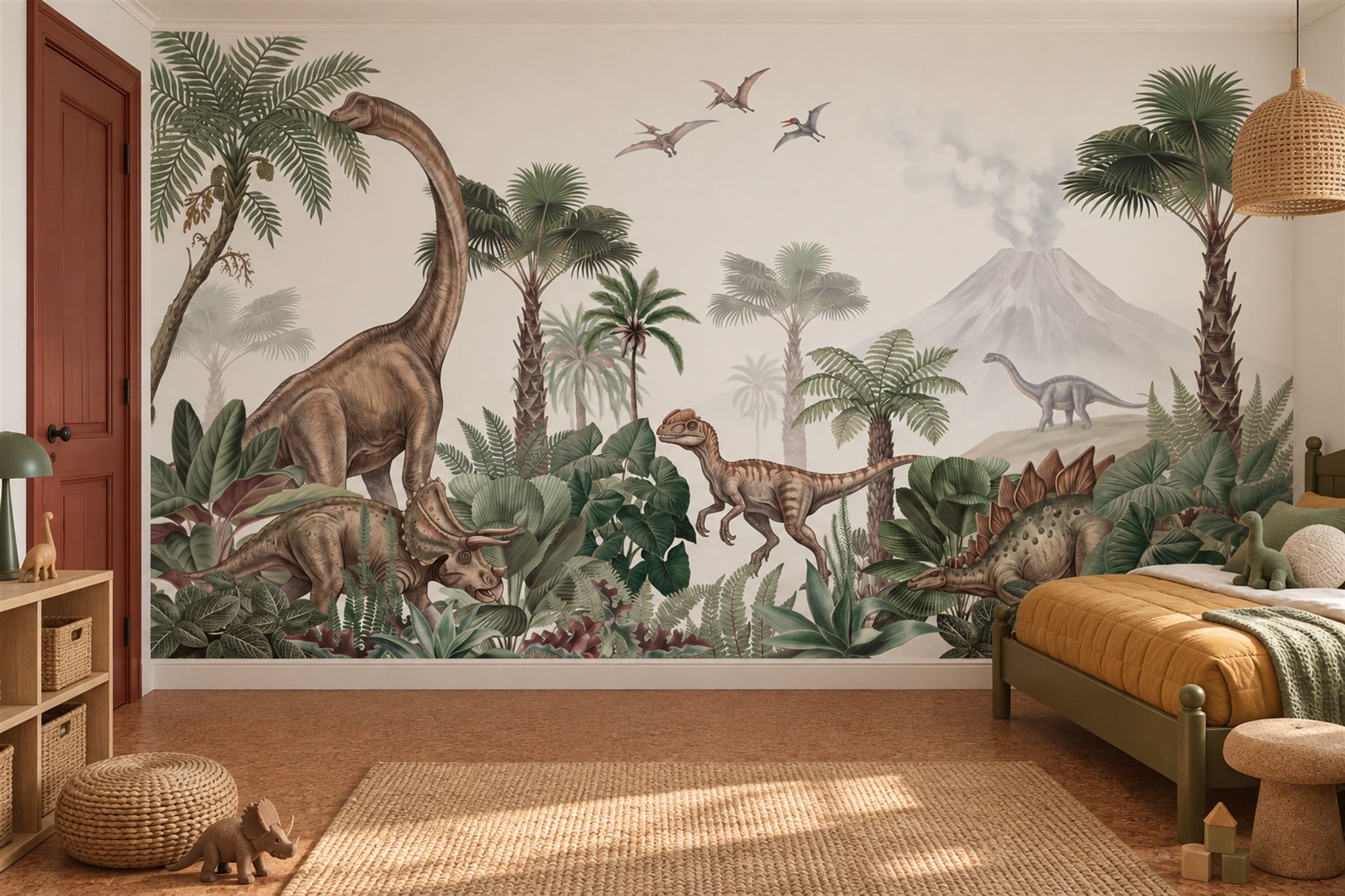 Green Dinosaur Jungle Landscape Wallpaper Mural — Wallpaper Mural Design, Peel-and-stick Finish