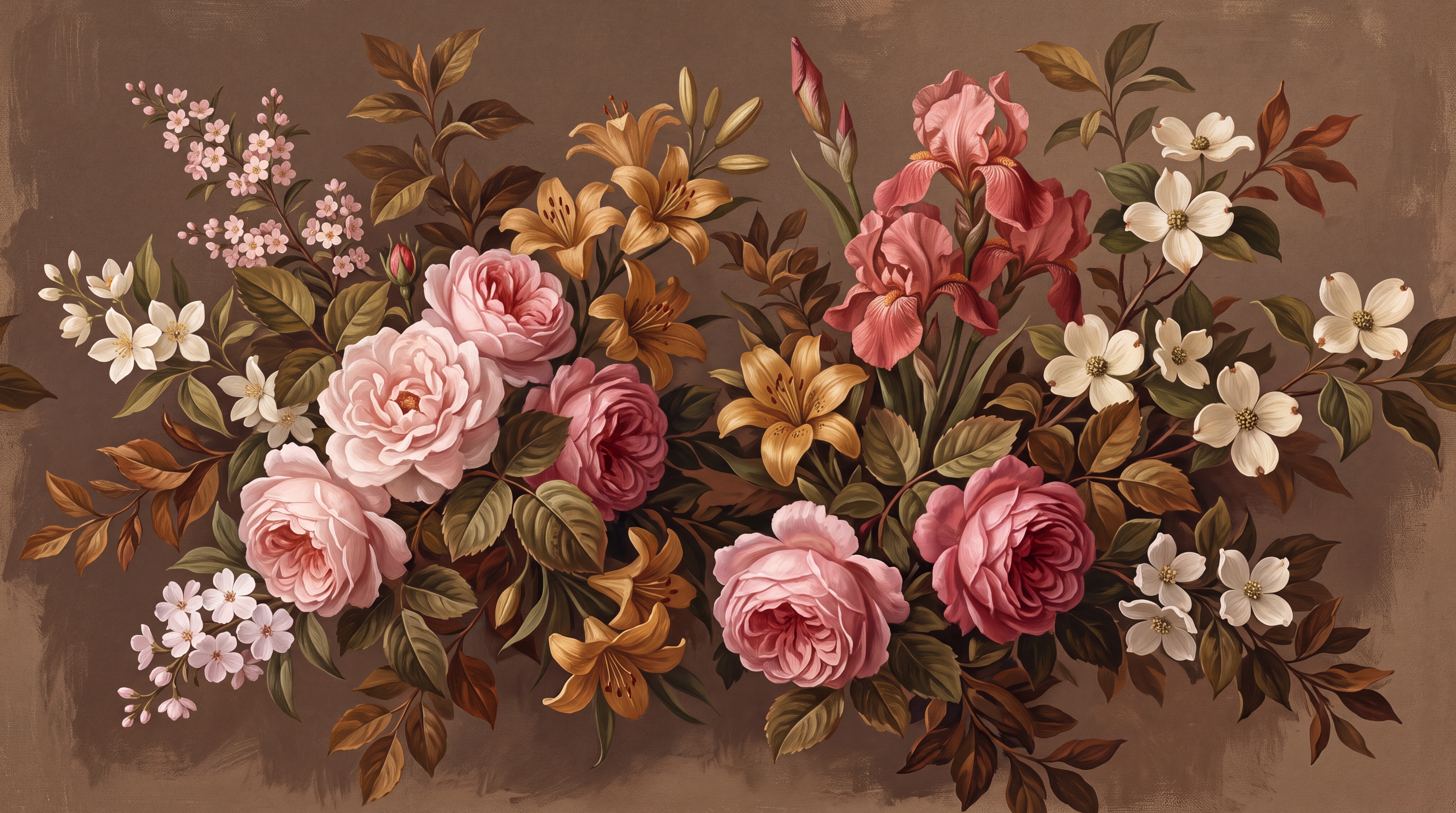 Brown Bouquet Botanical Vintage Wallpaper Mural, Peel-and-stick Finish