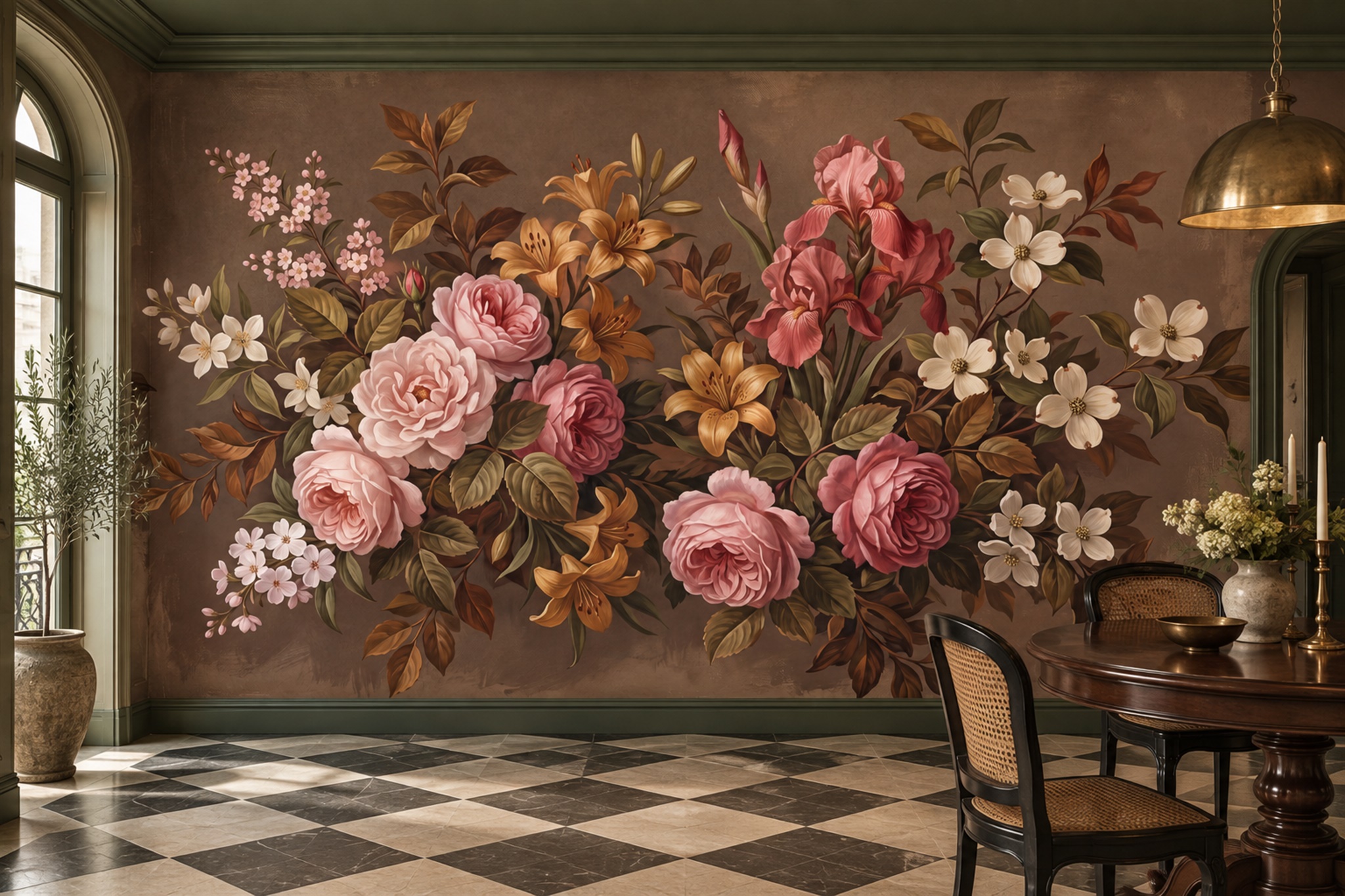 Brown Bouquet Botanical Vintage Wallpaper Mural Dining-room-wallpaper-murals, Shown In A Dining Room, Peel-and-stick Finish